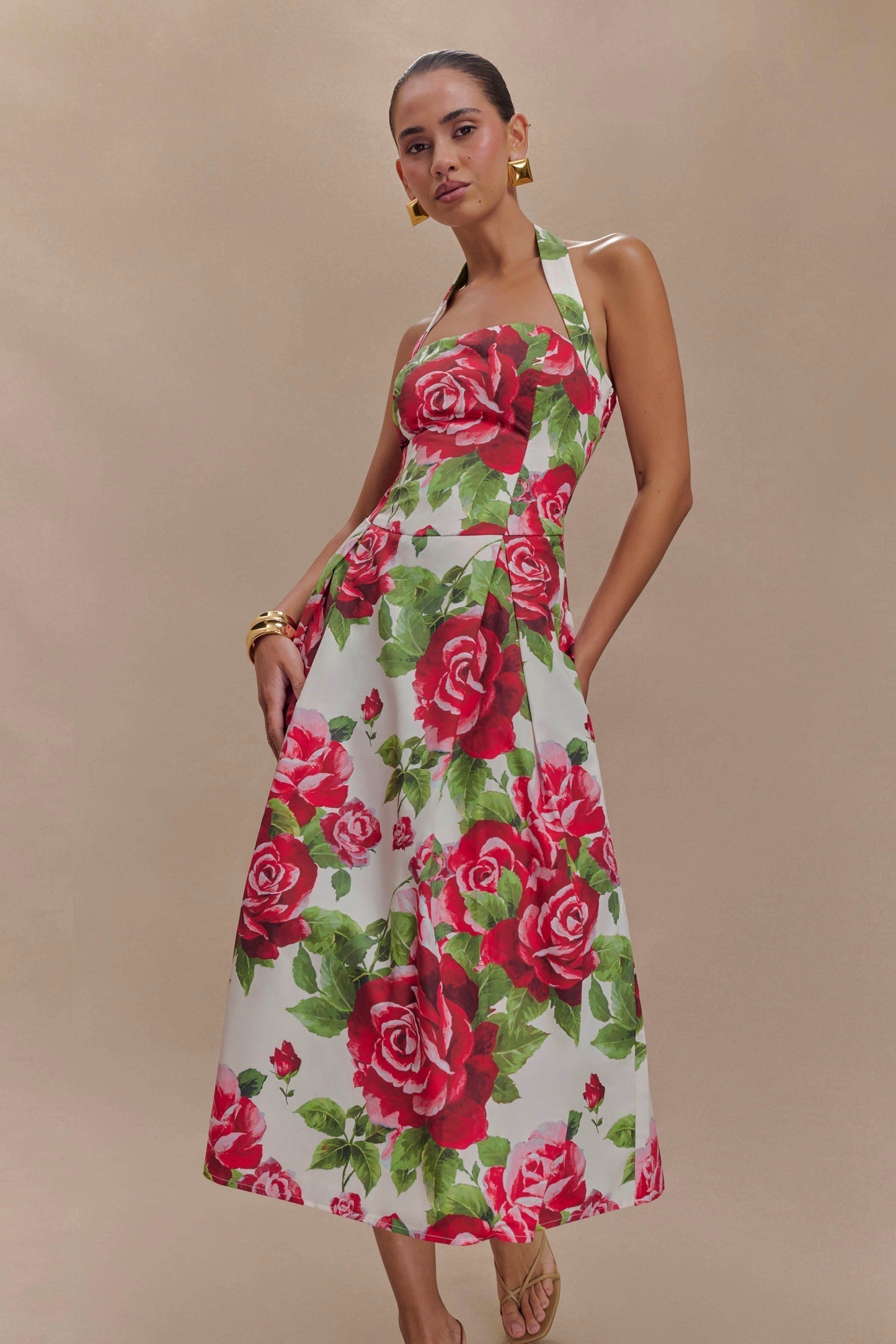 Aulivia Halter Midi Dress in Rose Print