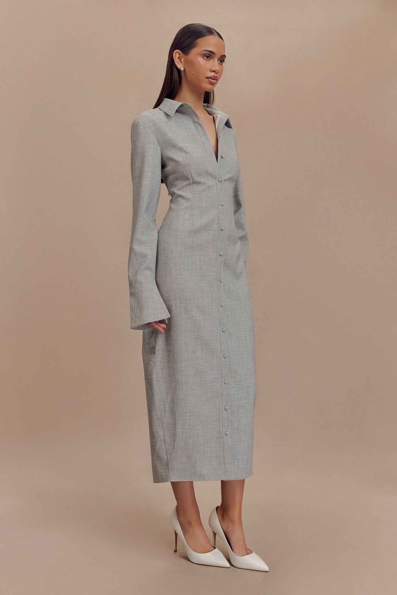 Dorian Charcoal Marle Fitted Shirt Midi Dress