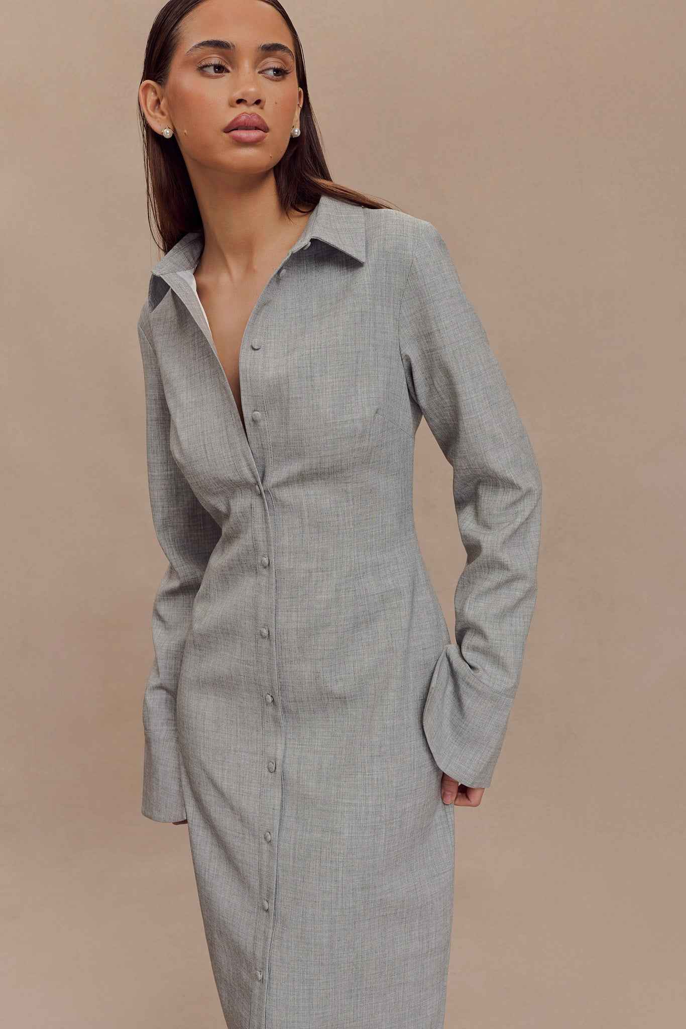 Dorian Charcoal Marle Fitted Shirt Midi Dress
