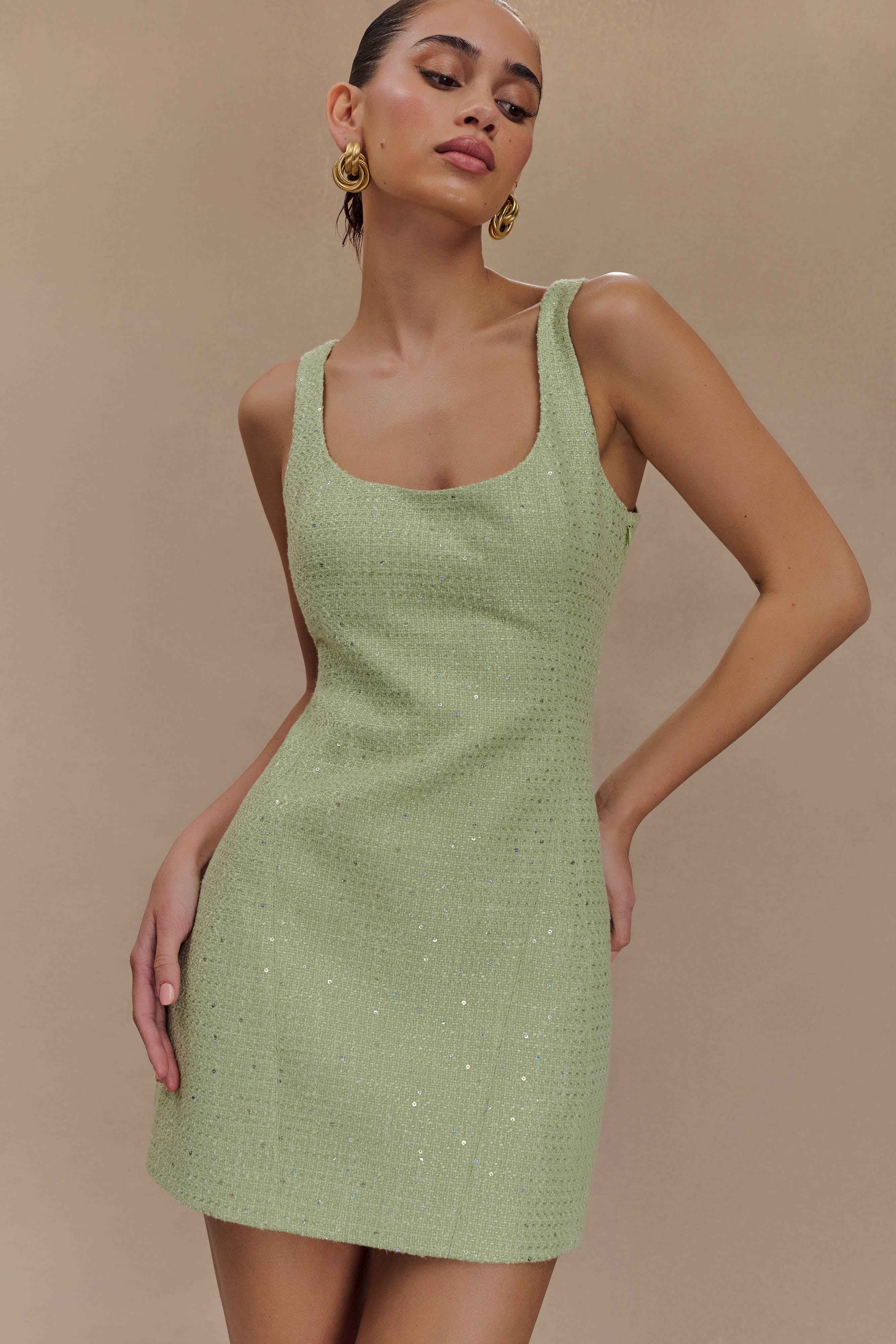 Cornelia Pastel Green Tweed Mini Dress