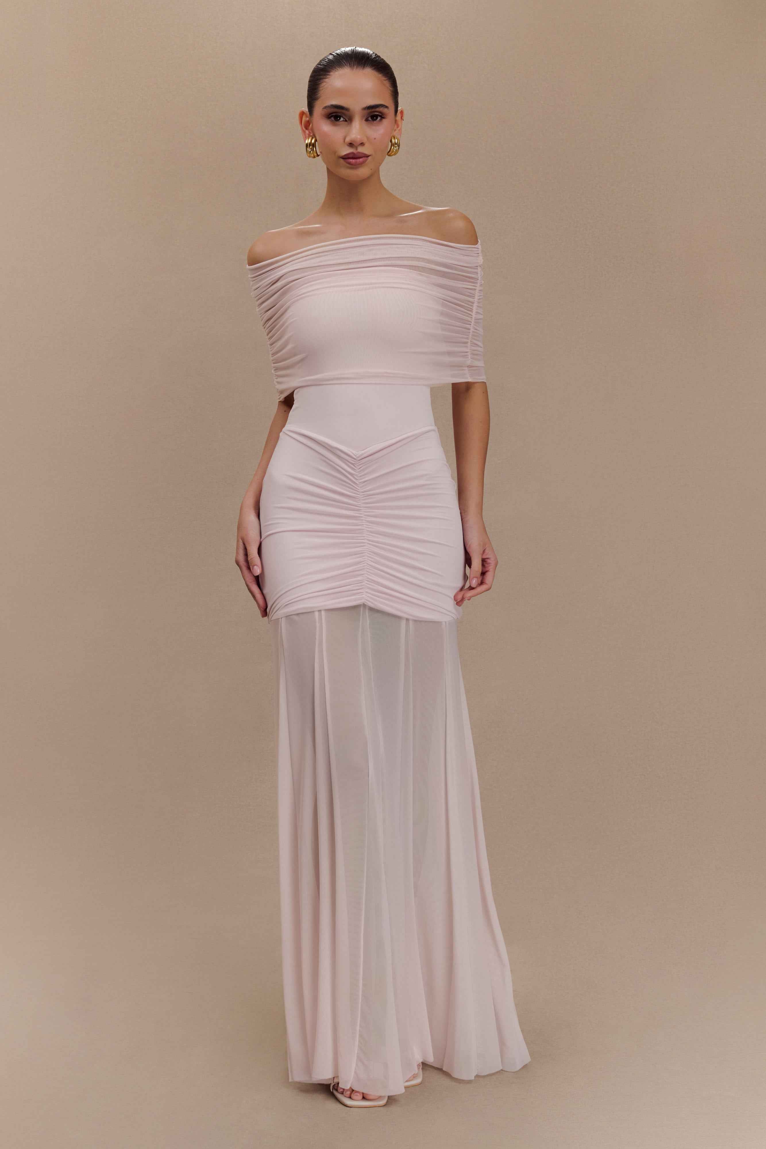 Caspian Pale Pink Off Shoulder Maxi Dress