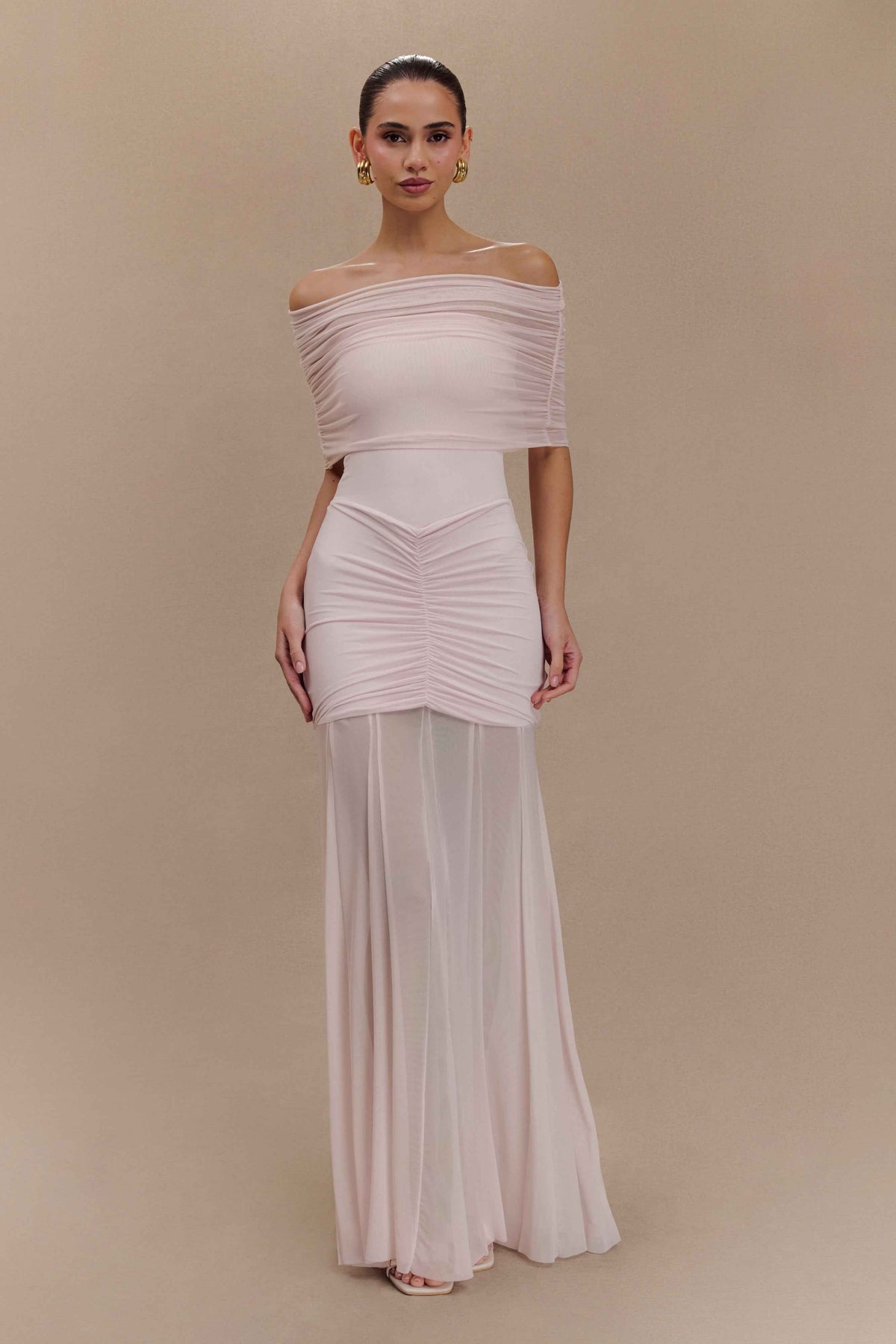 Caspian Pale Pink Off Shoulder Maxi Dress