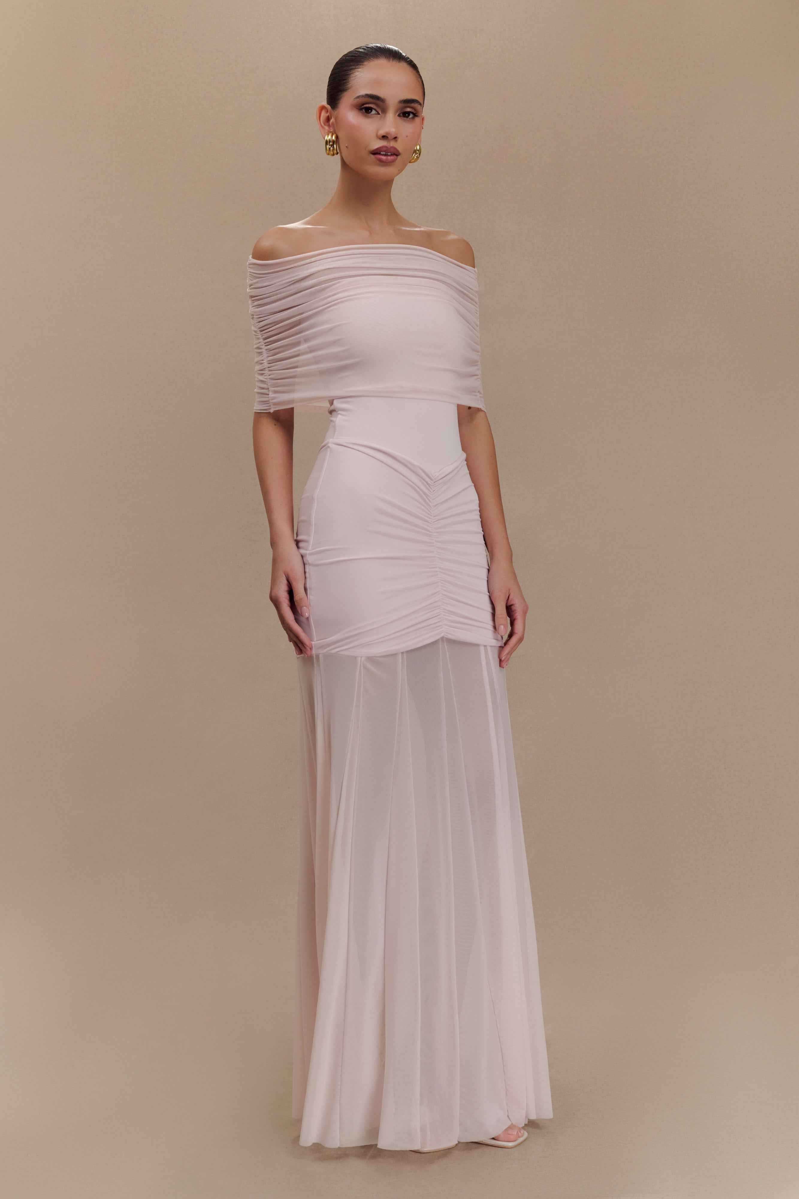 Caspian Pale Pink Off Shoulder Maxi Dress