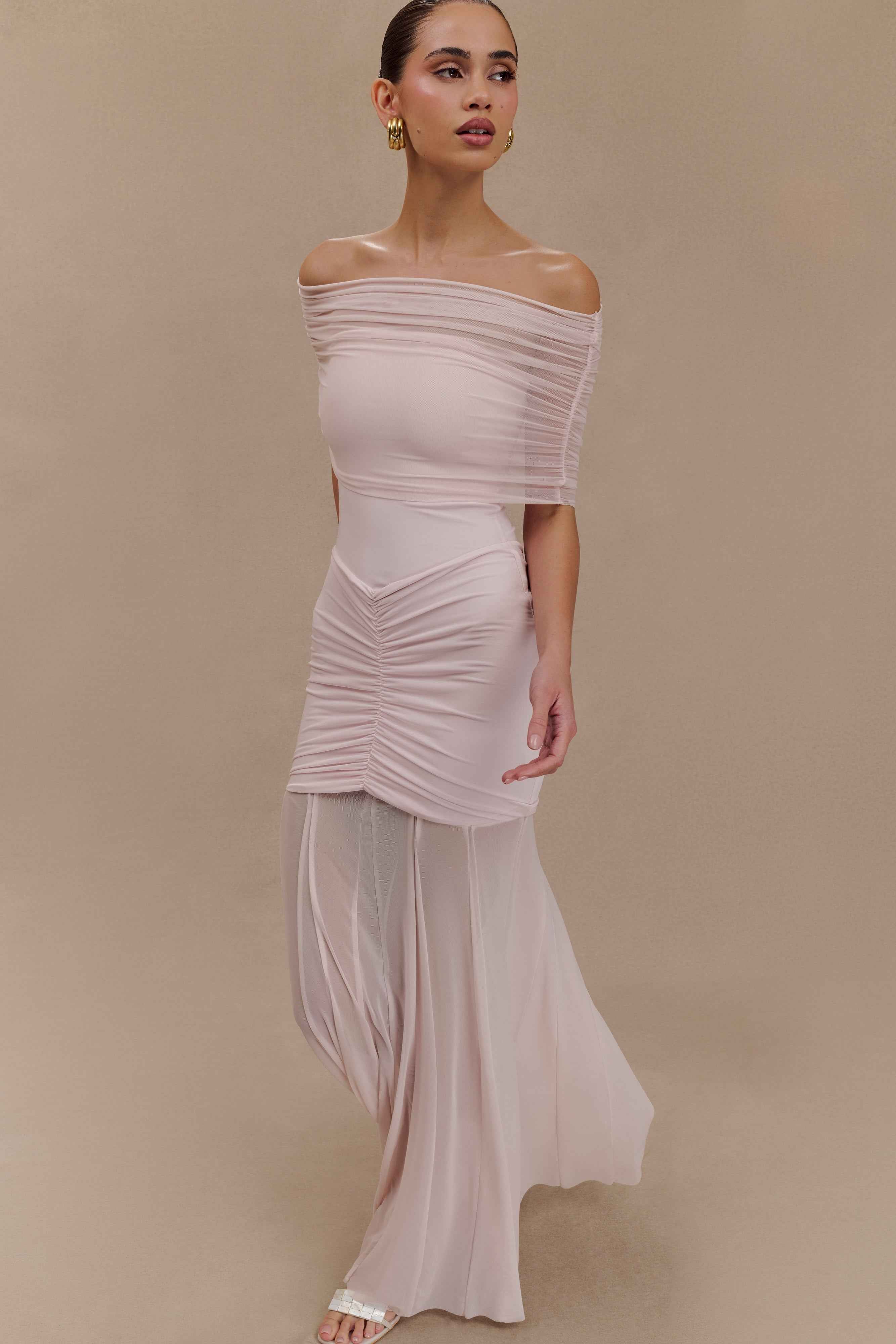 Caspian Pale Pink Off Shoulder Maxi Dress
