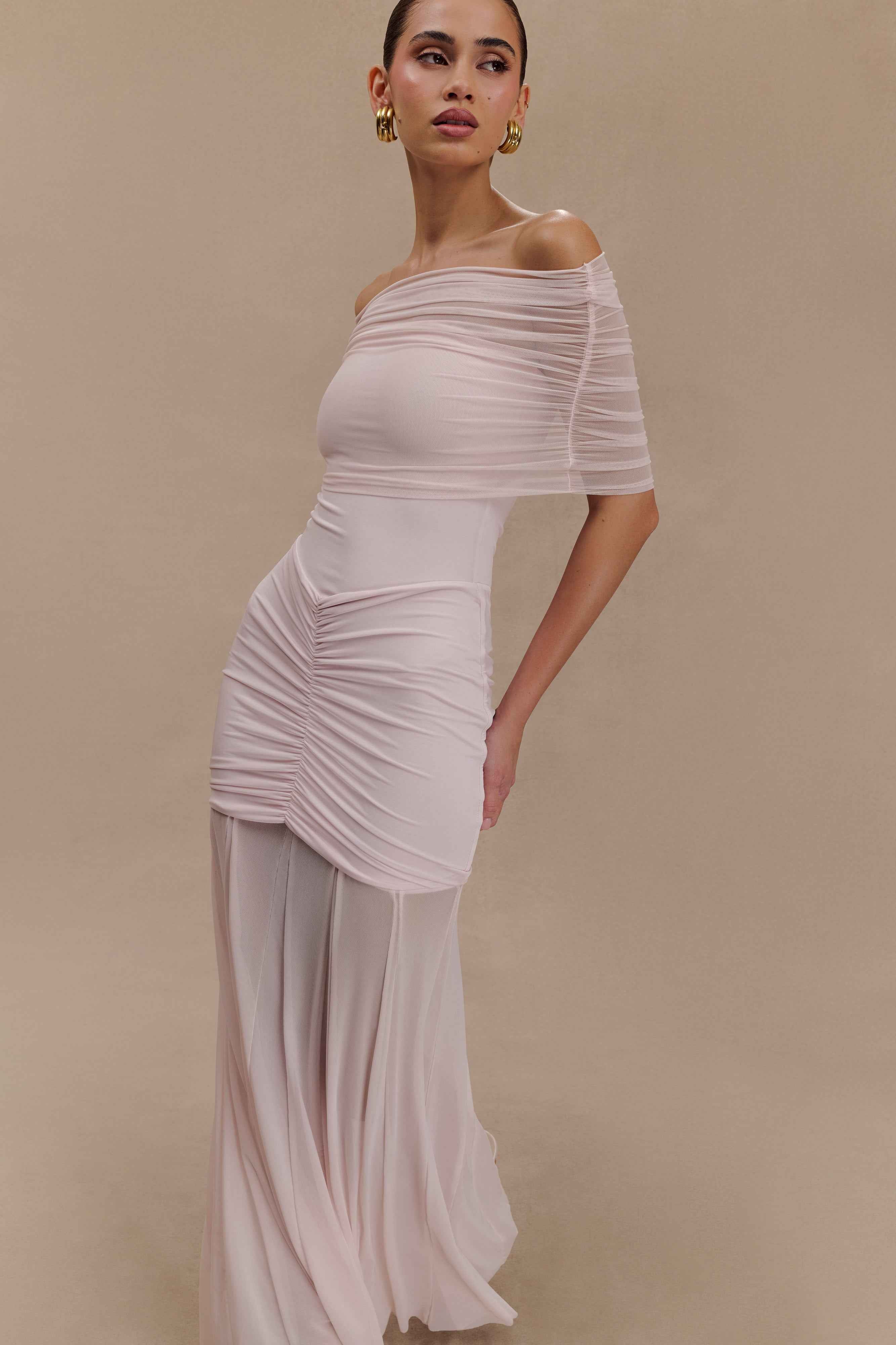 Caspian Pale Pink Off Shoulder Maxi Dress