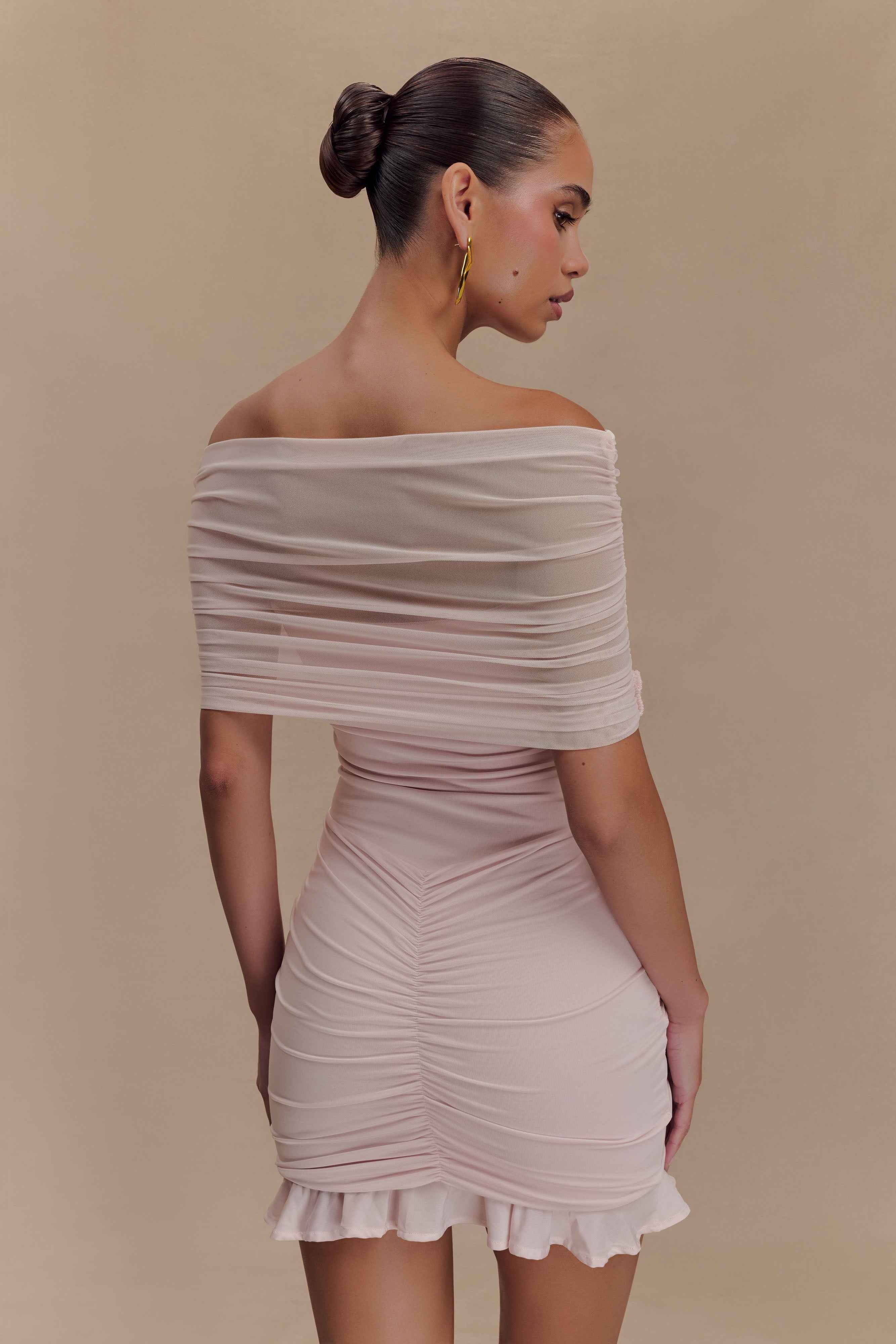 Caspian Pale Pink Off Shoulder Mini Dress