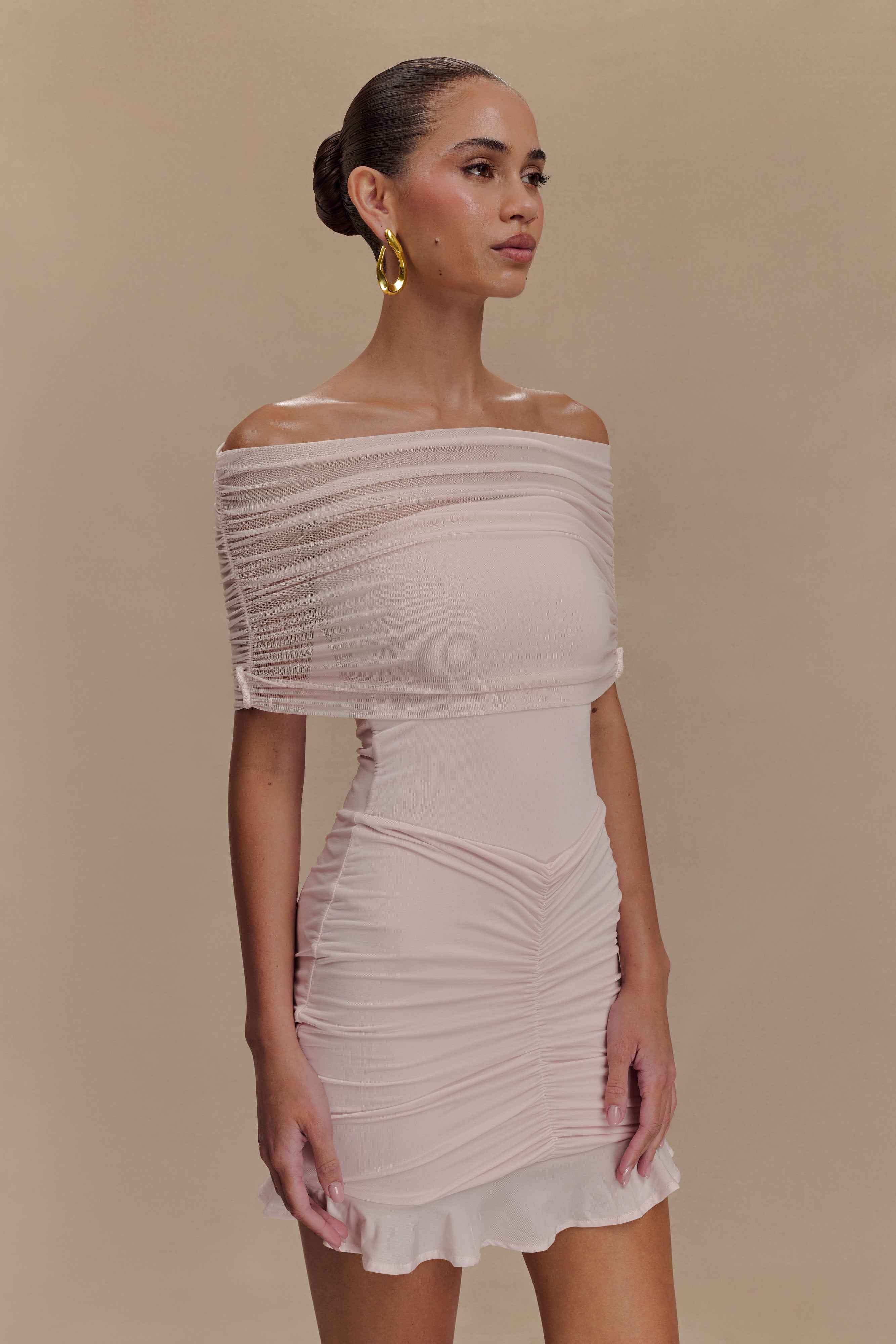 Caspian Pale Pink Off Shoulder Mini Dress