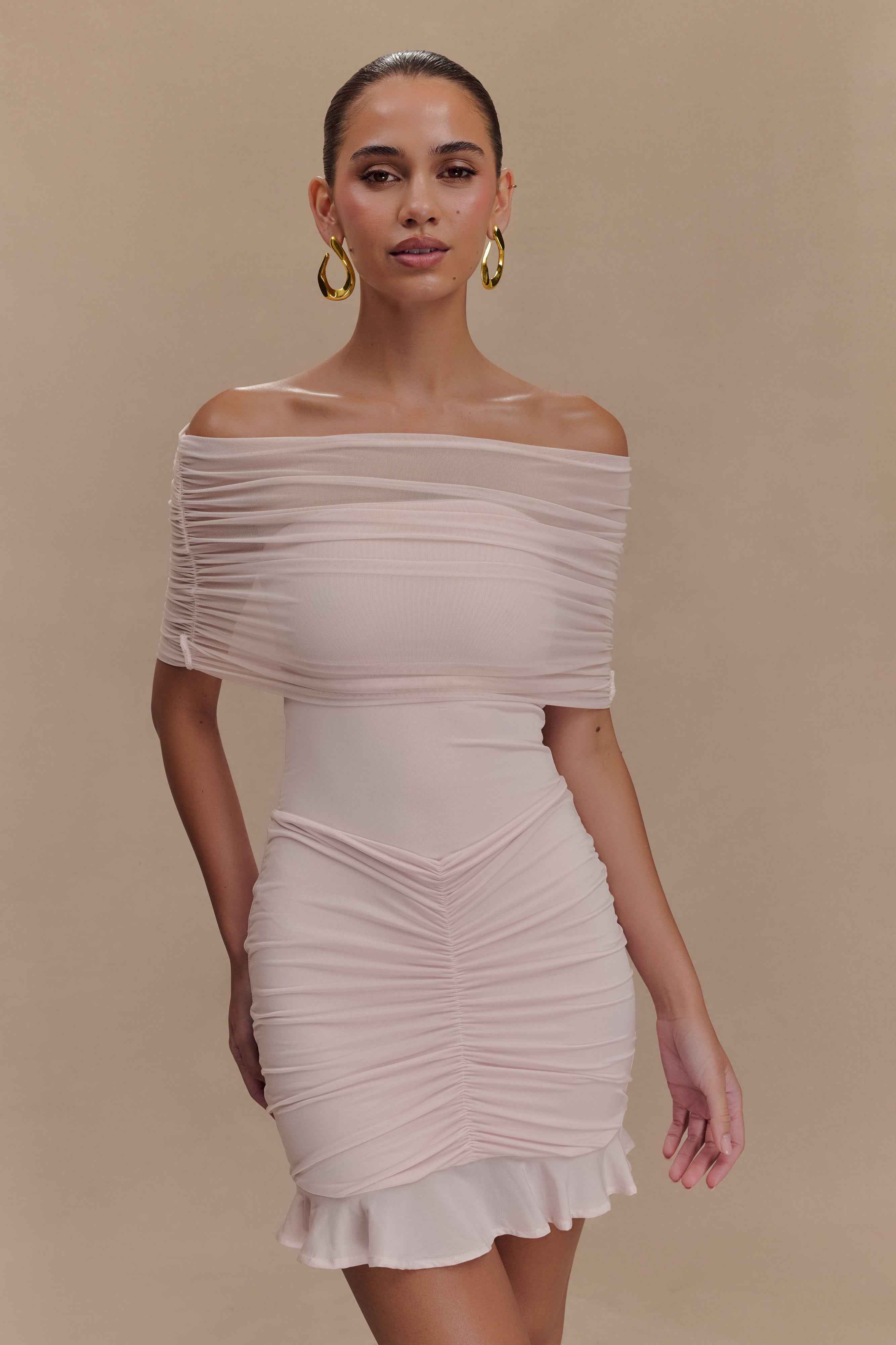 Caspian Pale Pink Off Shoulder Mini Dress