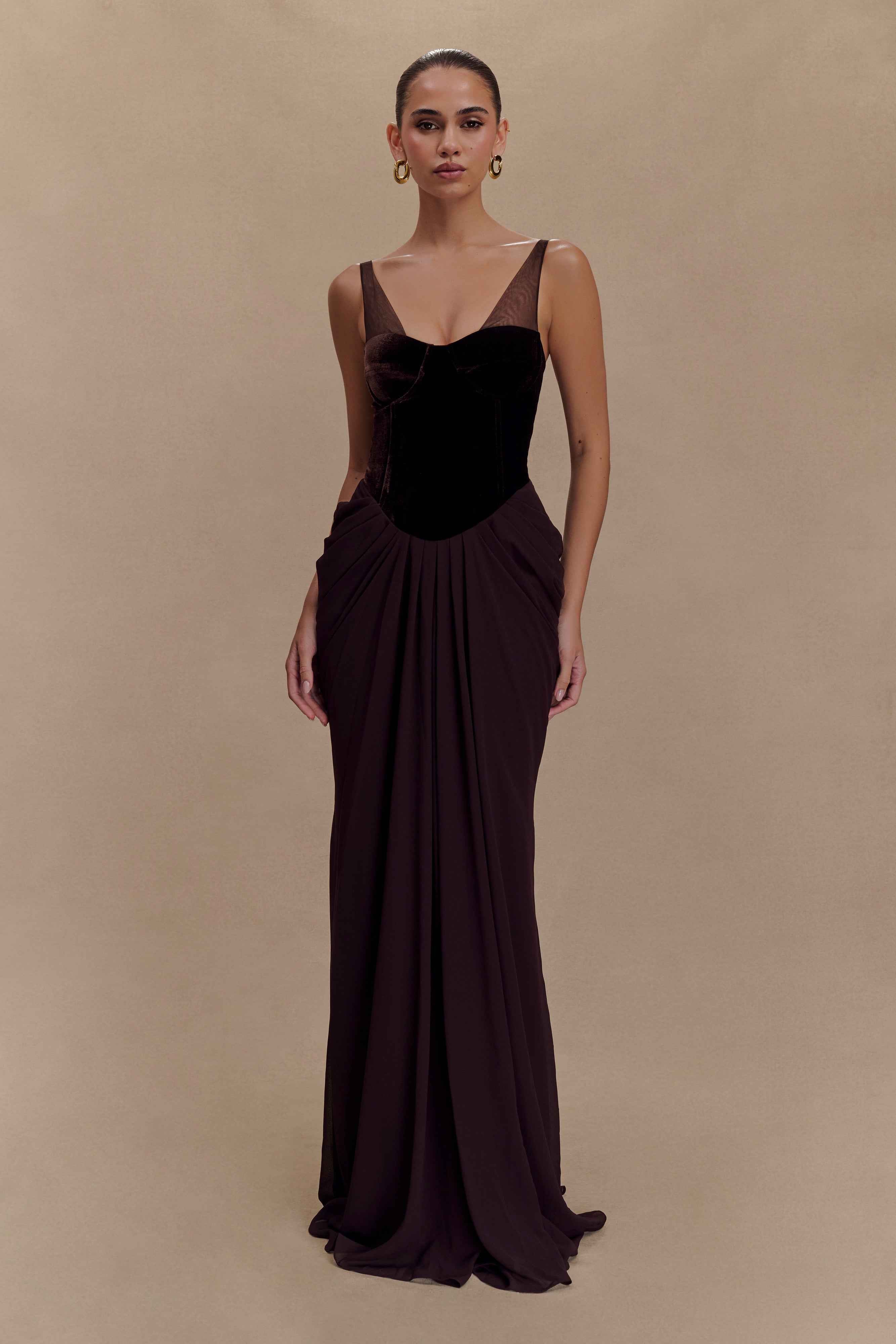 Roxanne Cacao Brown Velvet Corset Maxi Dress