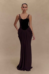 Roxanne Cacao Brown Velvet Corset Maxi Dress