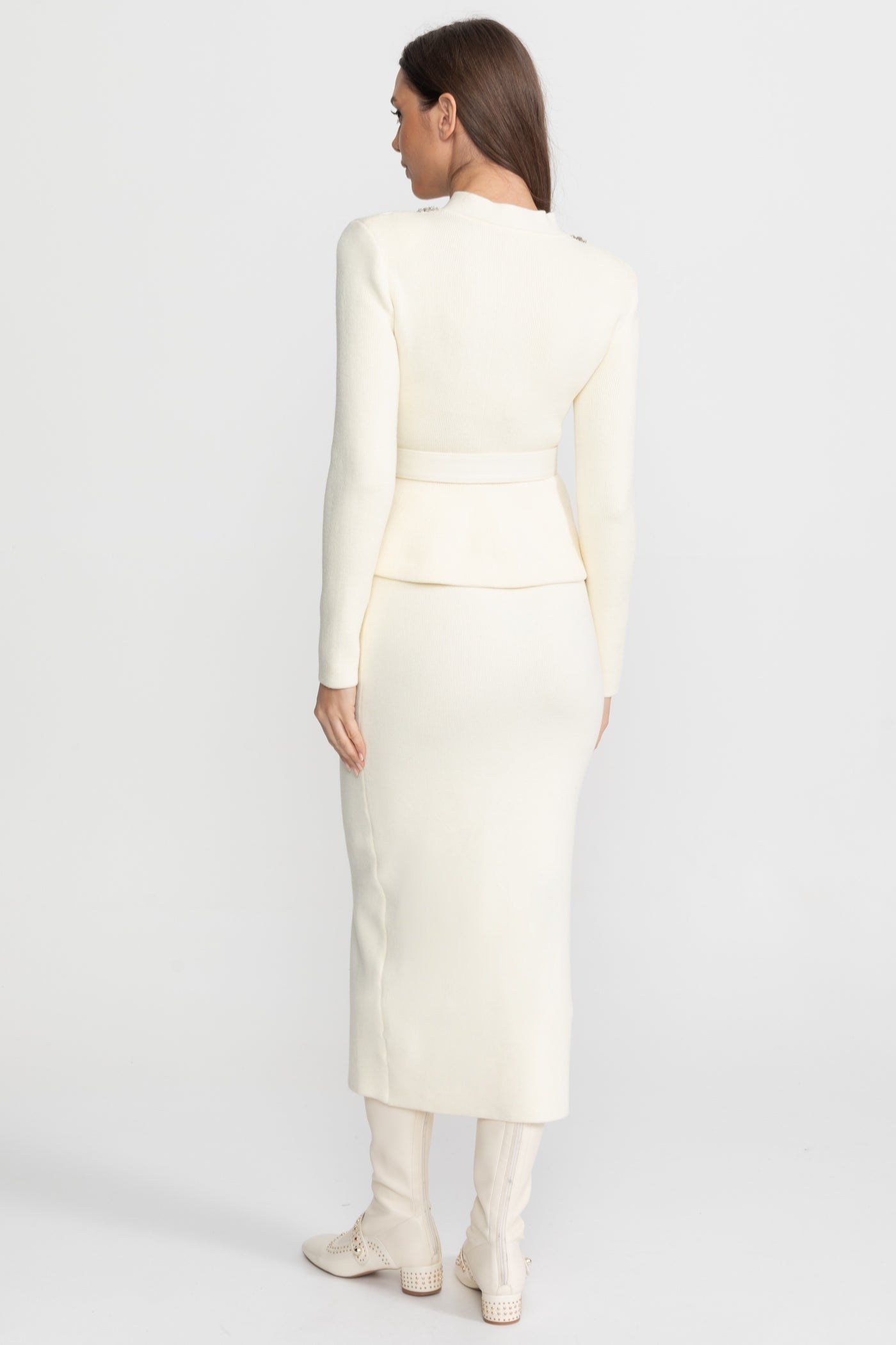Midi Dress with Peplum Waist and Crystal Collar Ivoire