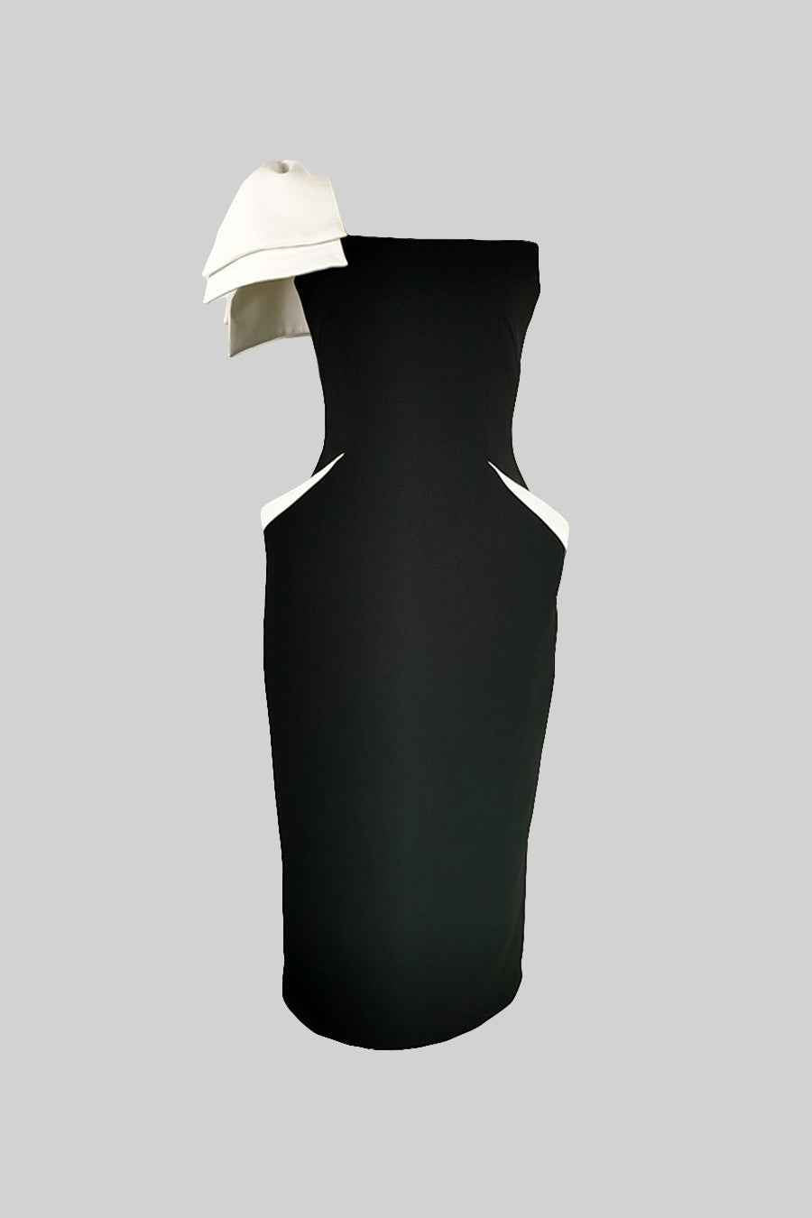 One-Shoulder Fitted Dress with White Accents - Black