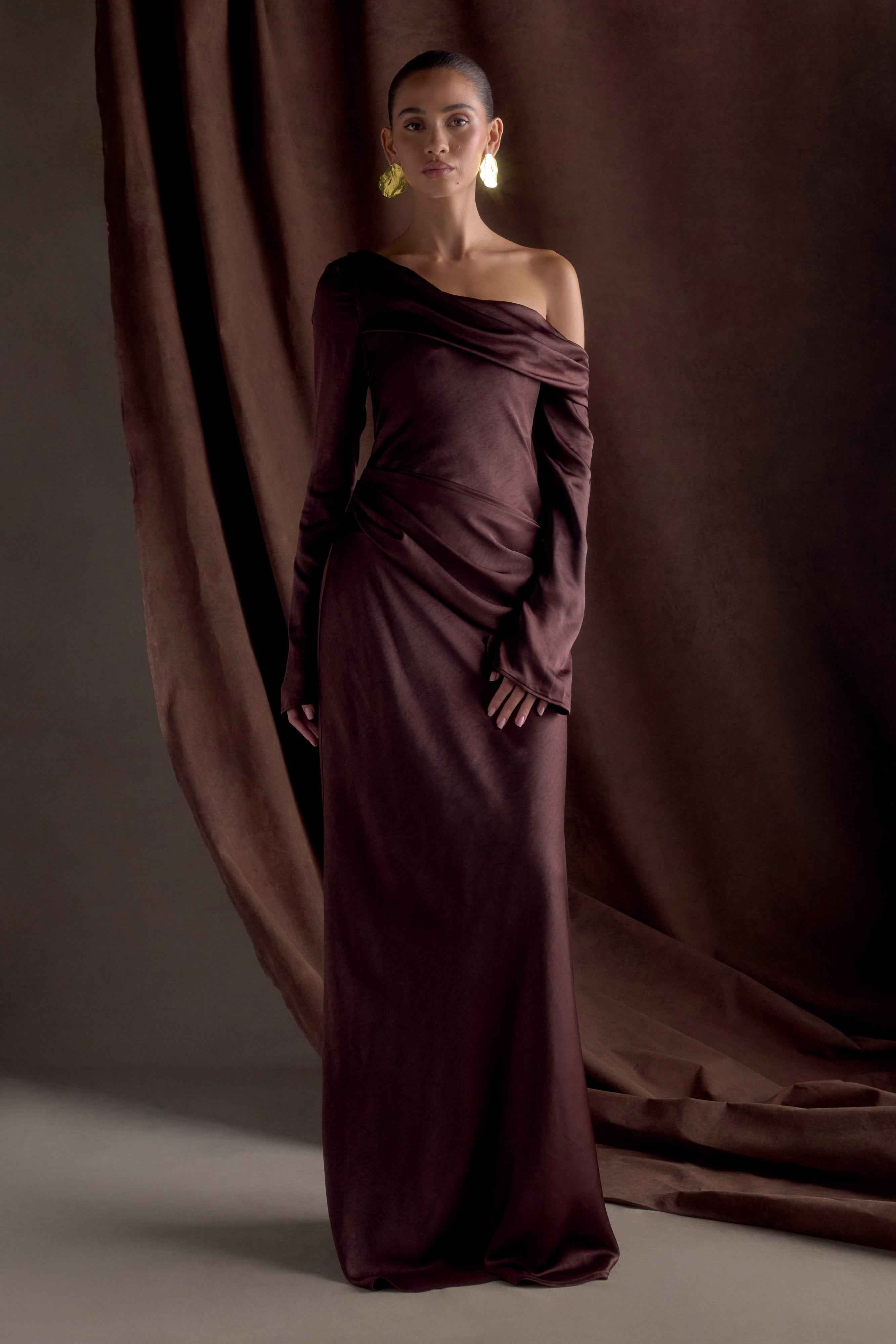 Iris Dark Chocolate Satin Maxi Dress
