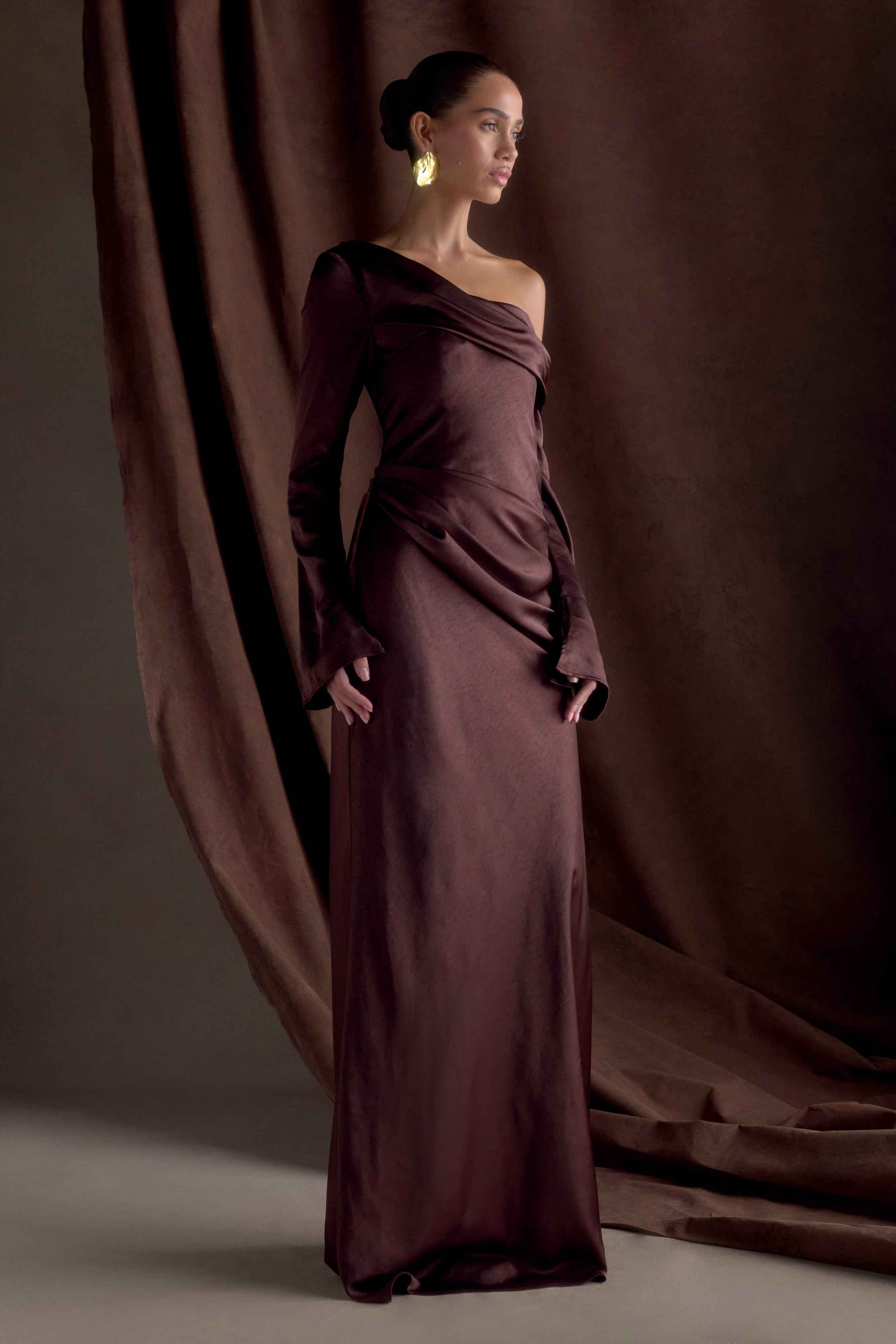 Iris Dark Chocolate Satin Maxi Dress