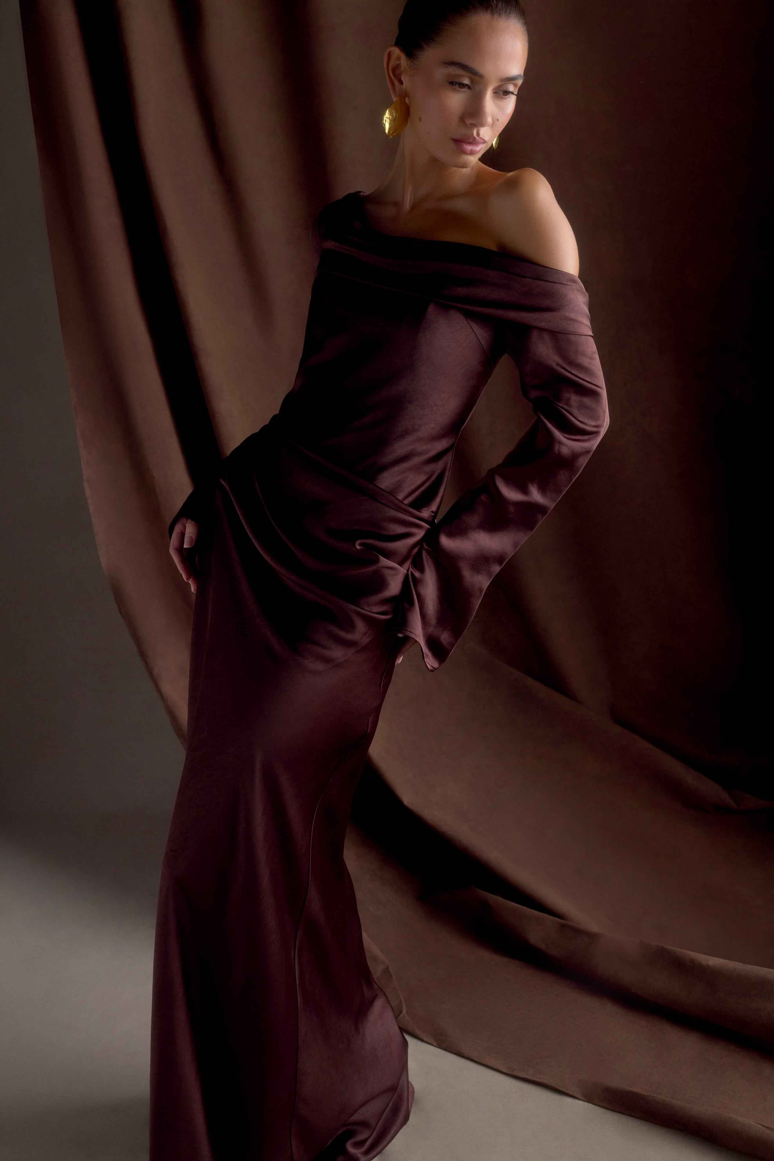 Iris Dark Chocolate Satin Maxi Dress