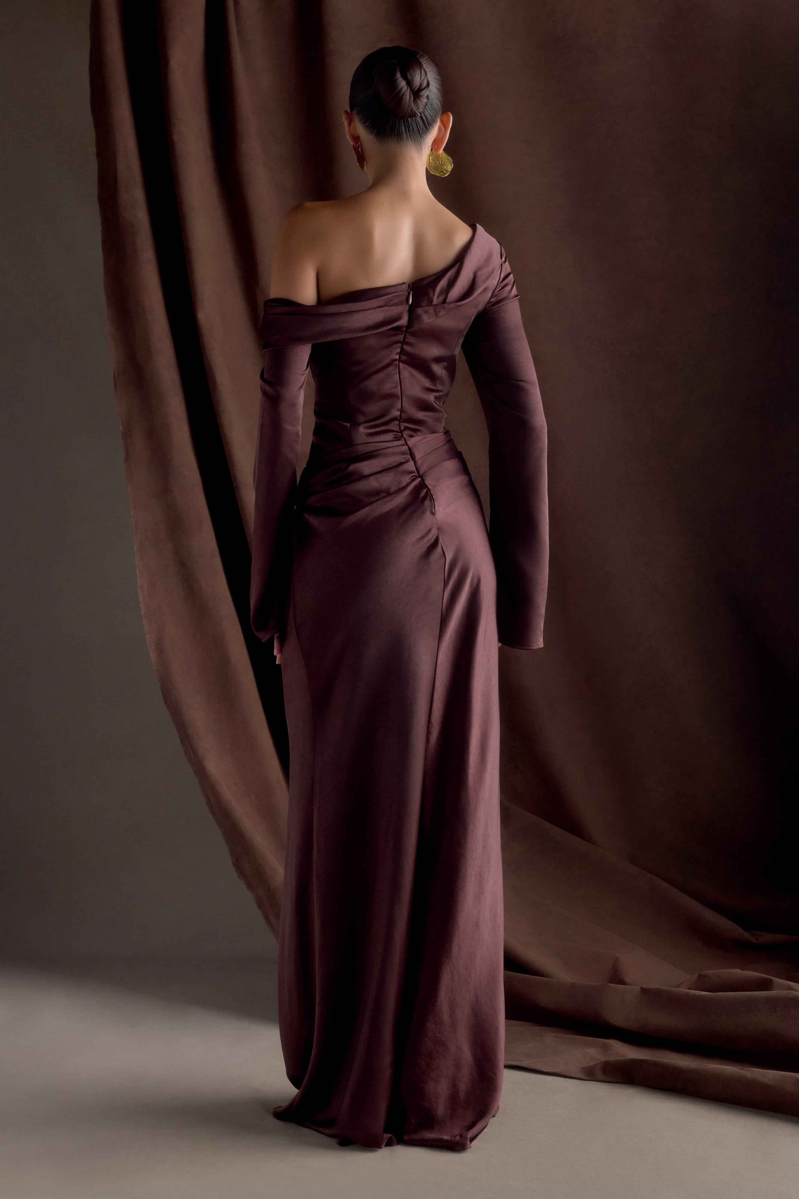 Iris Dark Chocolate Satin Maxi Dress