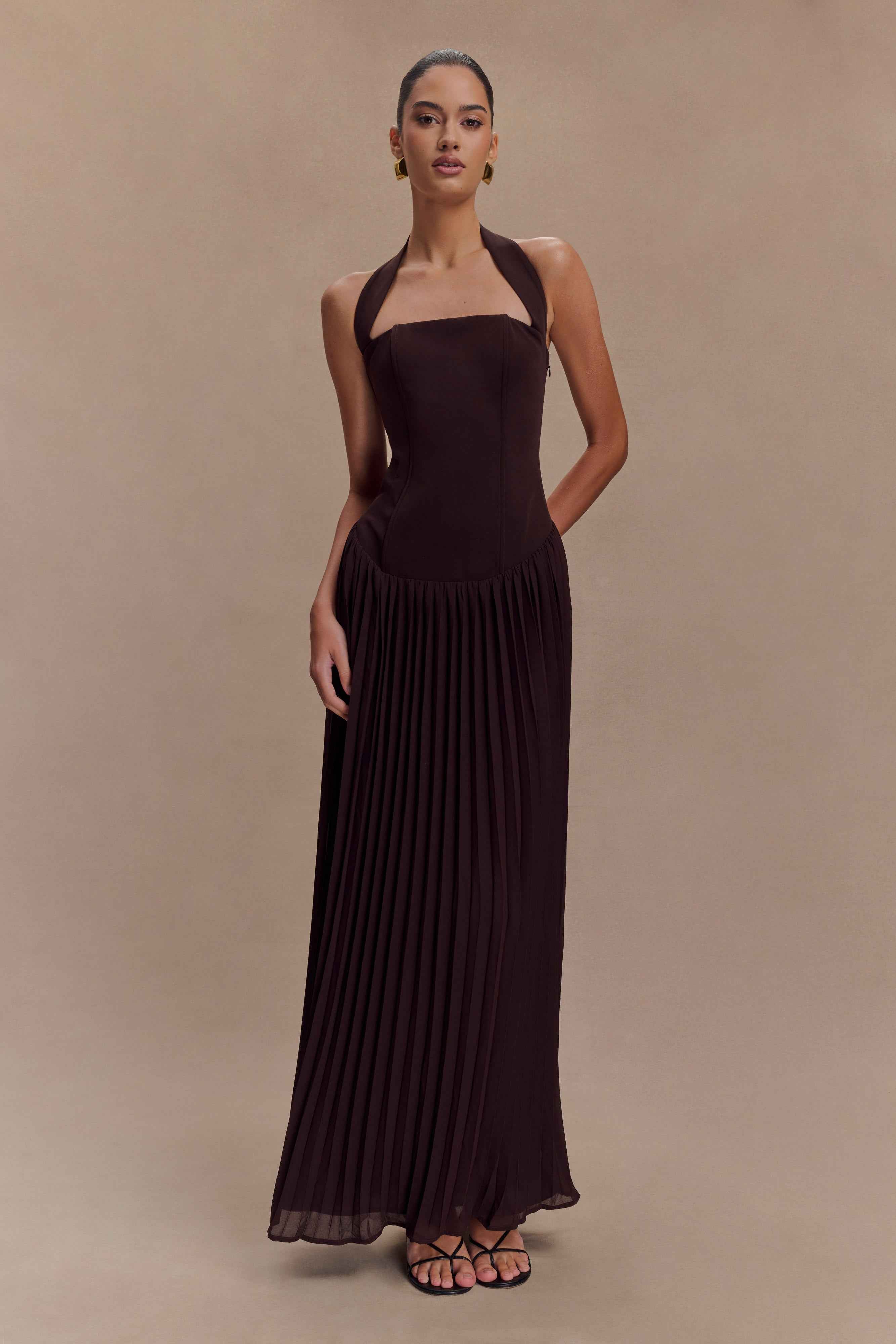Stacie Cacao Pleated Halter Maxi Dress