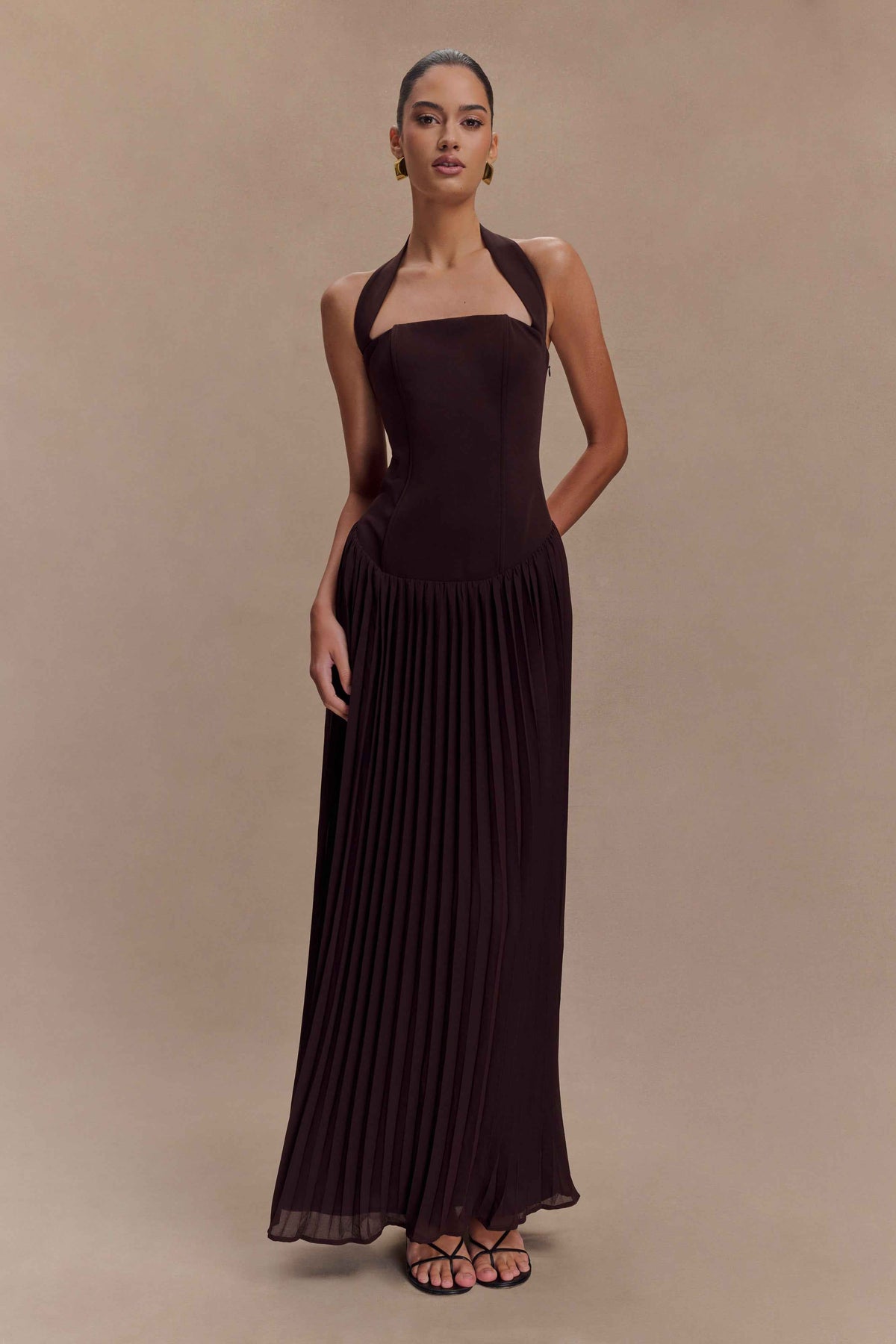 Stacie Cacao Pleated Halter Maxi Dress