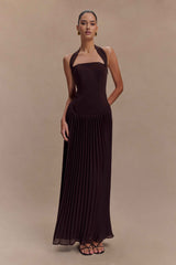Stacie Cacao Pleated Halter Maxi Dress