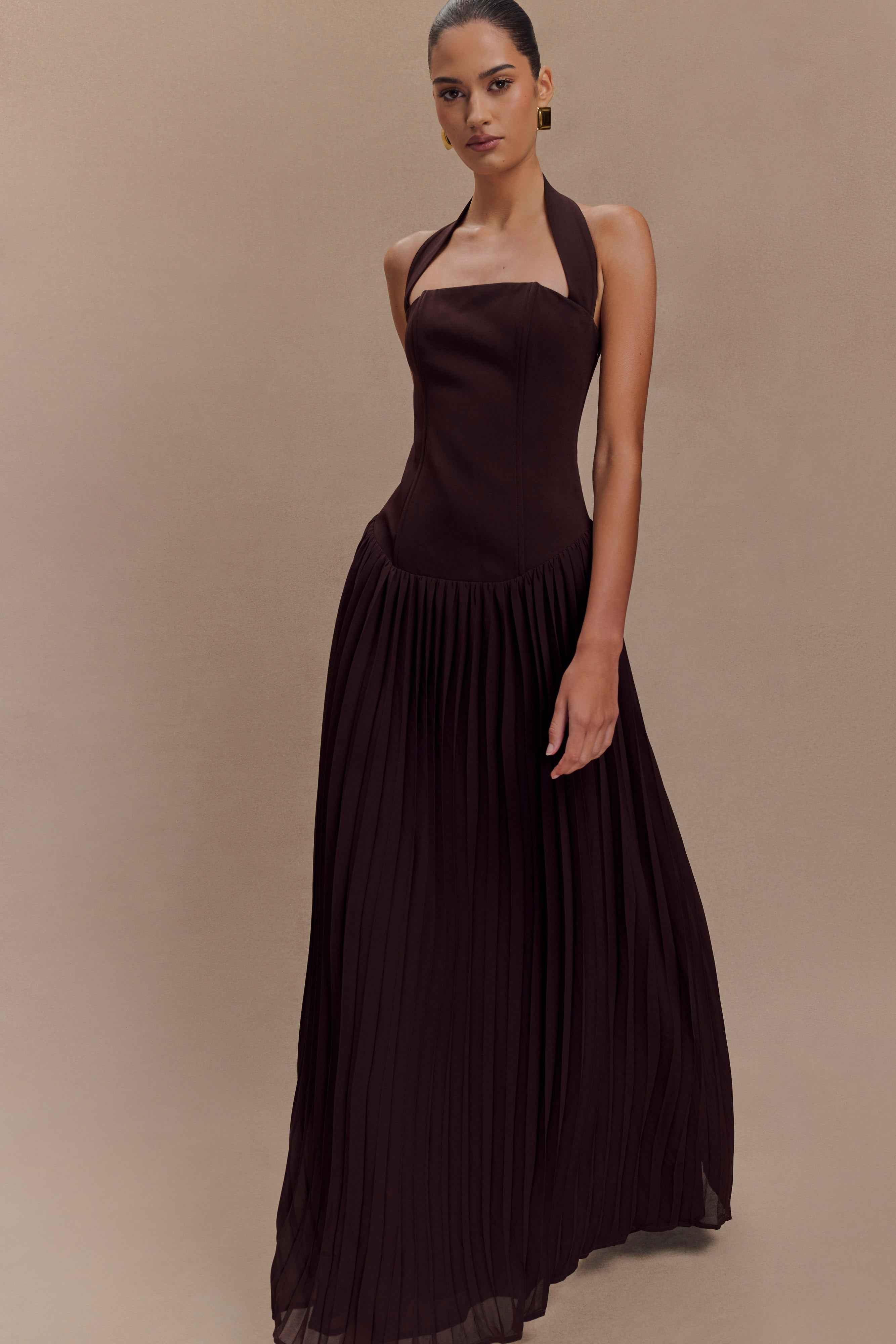 Stacie Cacao Pleated Halter Maxi Dress