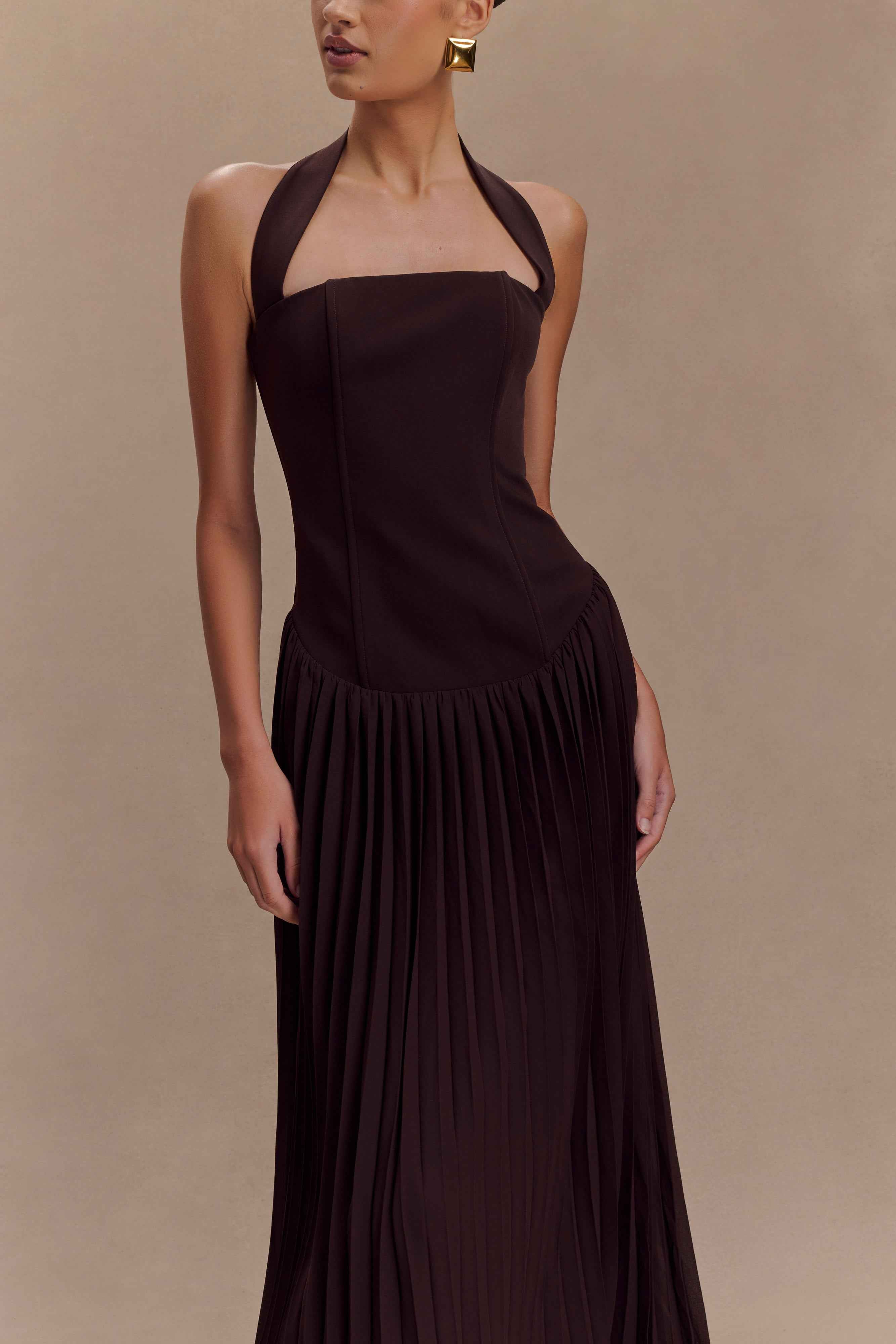 Stacie Cacao Pleated Halter Maxi Dress
