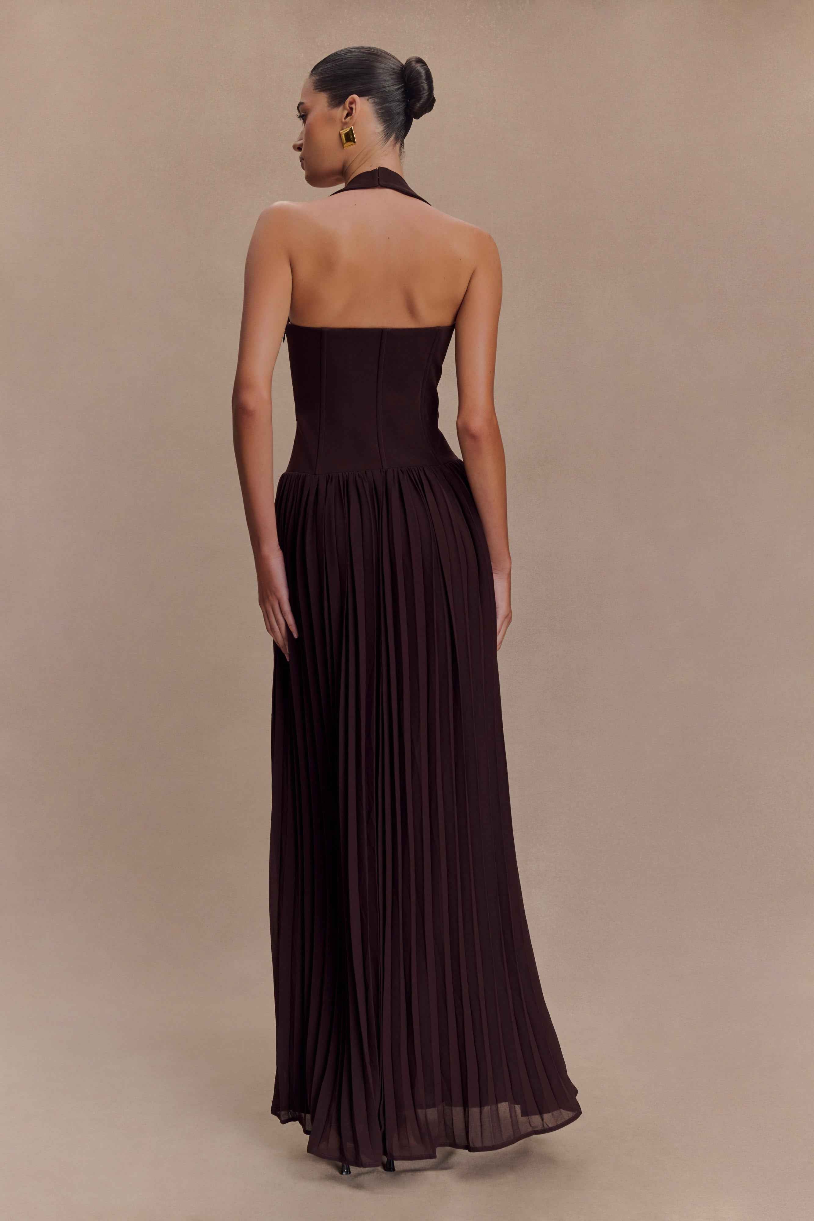 Stacie Cacao Pleated Halter Maxi Dress