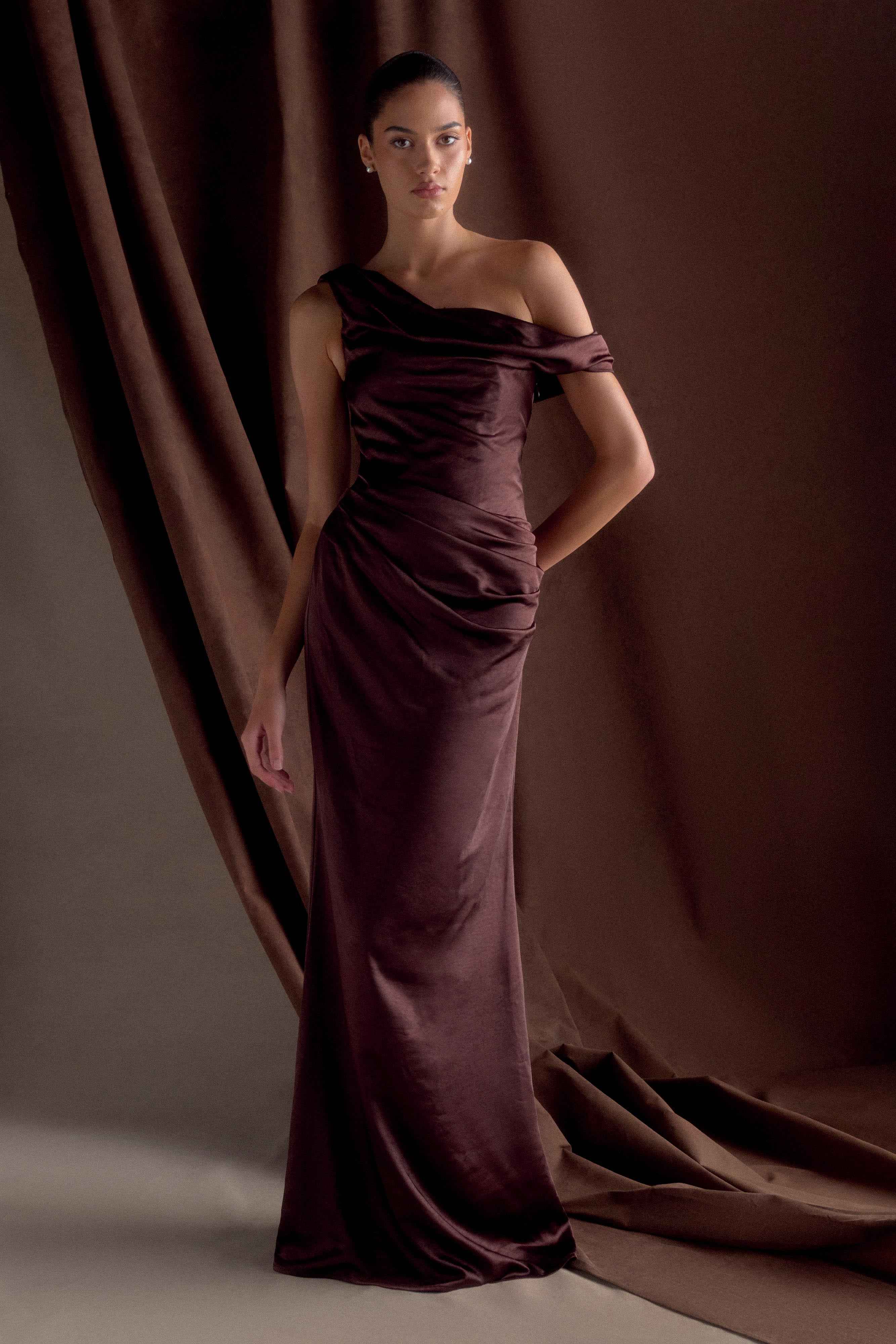 Dalia Dark Chocolate Off-Shoulder Maxi Dress