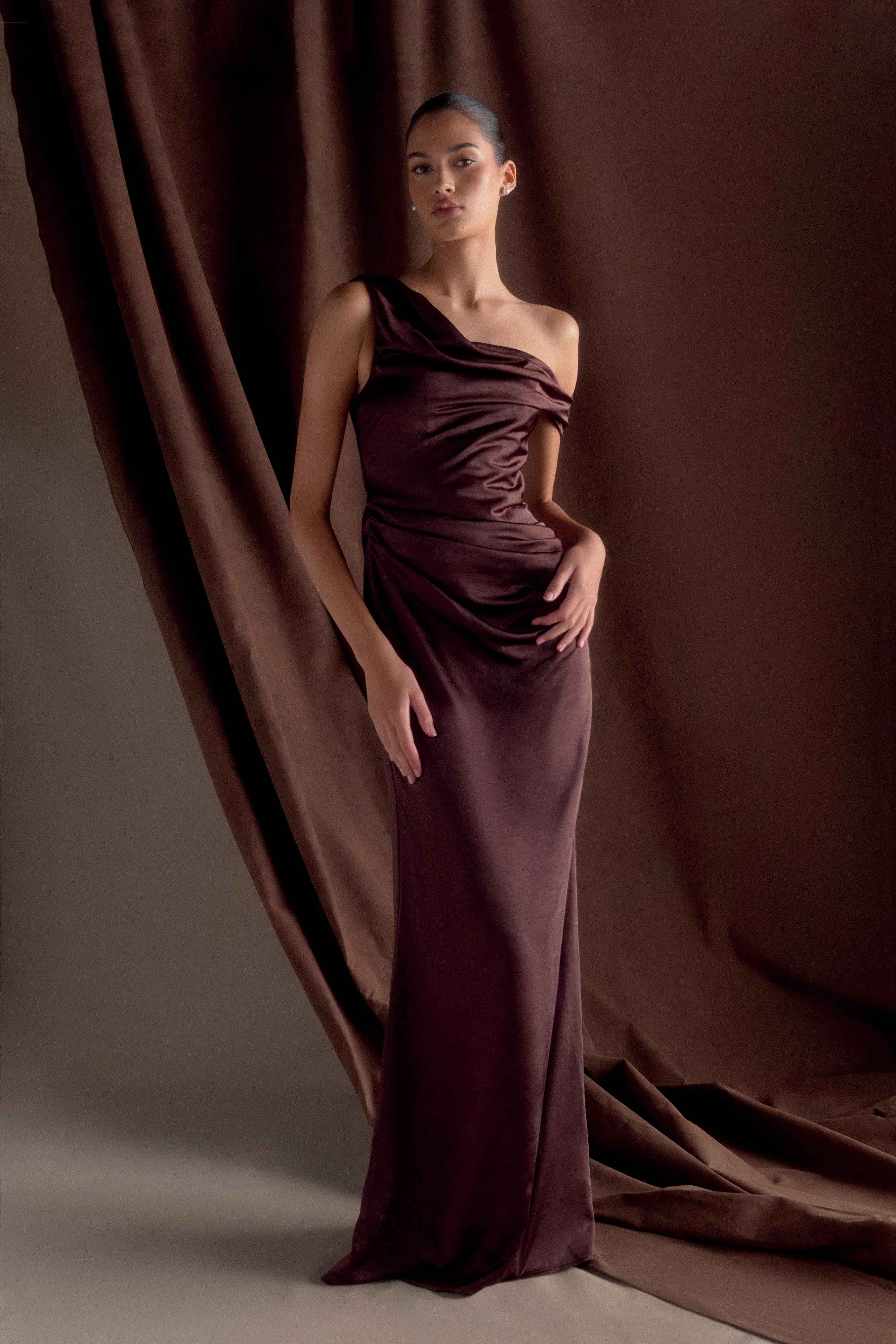 Dalia Dark Chocolate Off-Shoulder Maxi Dress