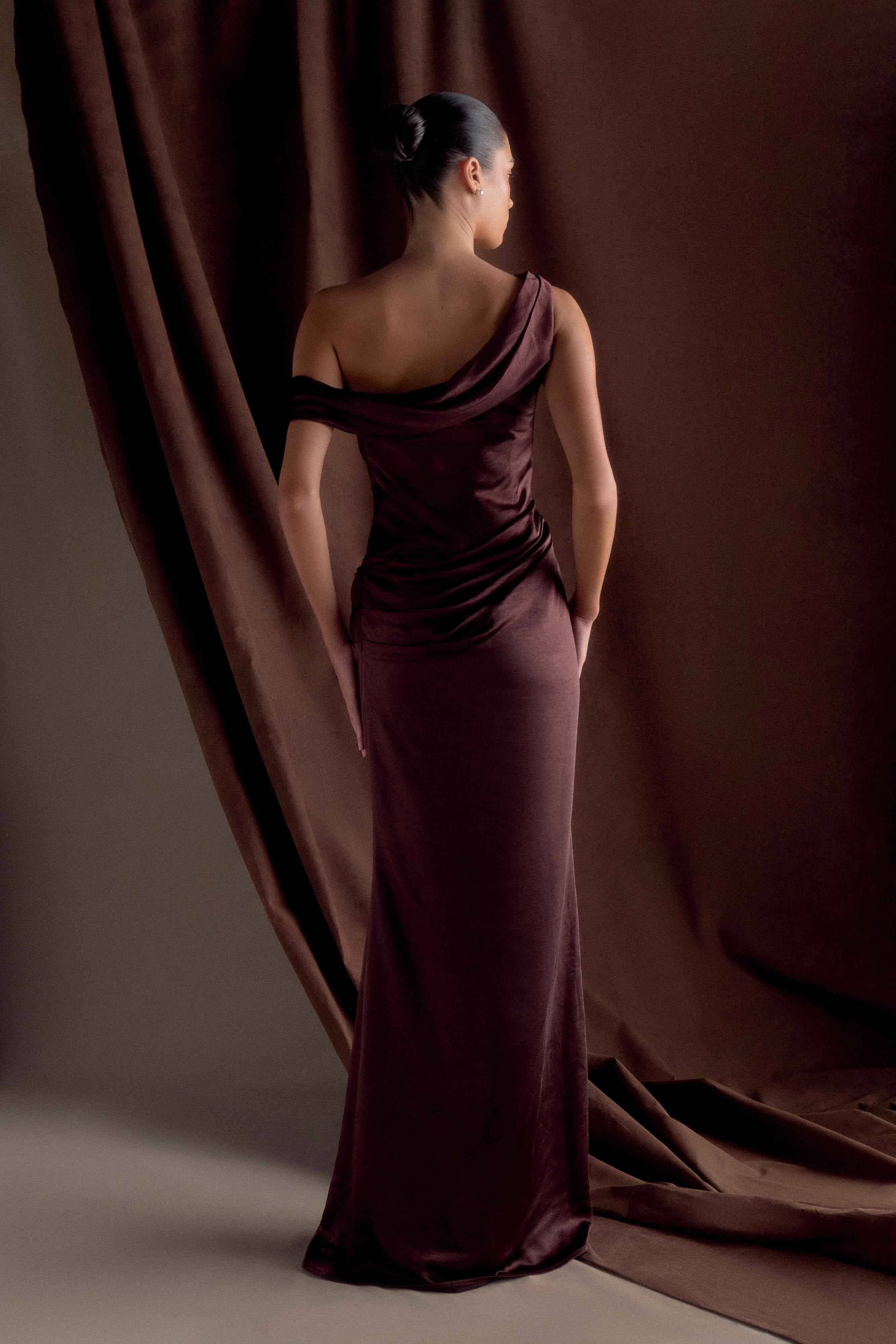 Dalia Dark Chocolate Off-Shoulder Maxi Dress