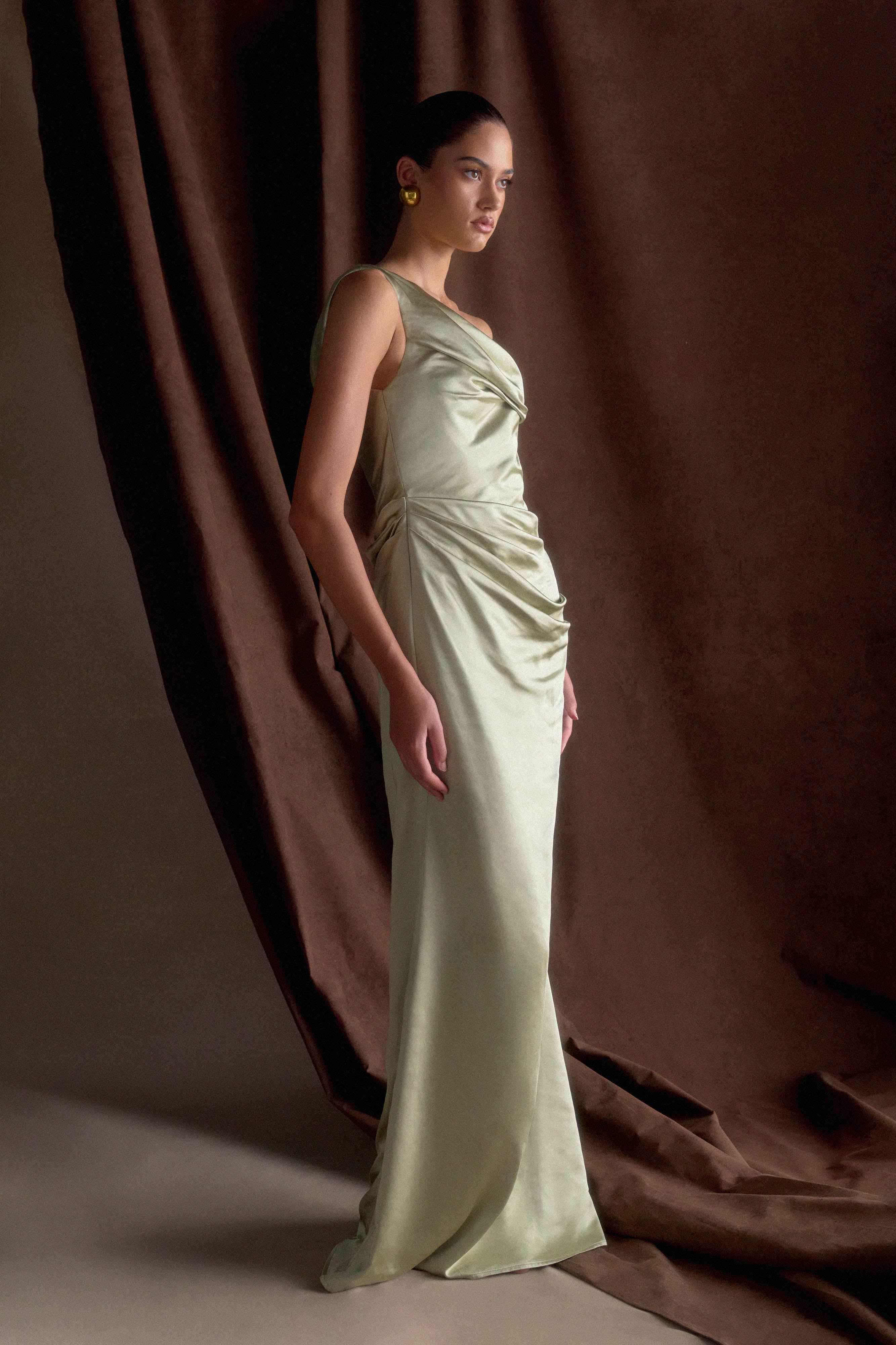 Sage Dalia Satin Off-Shoulder Maxi Dress