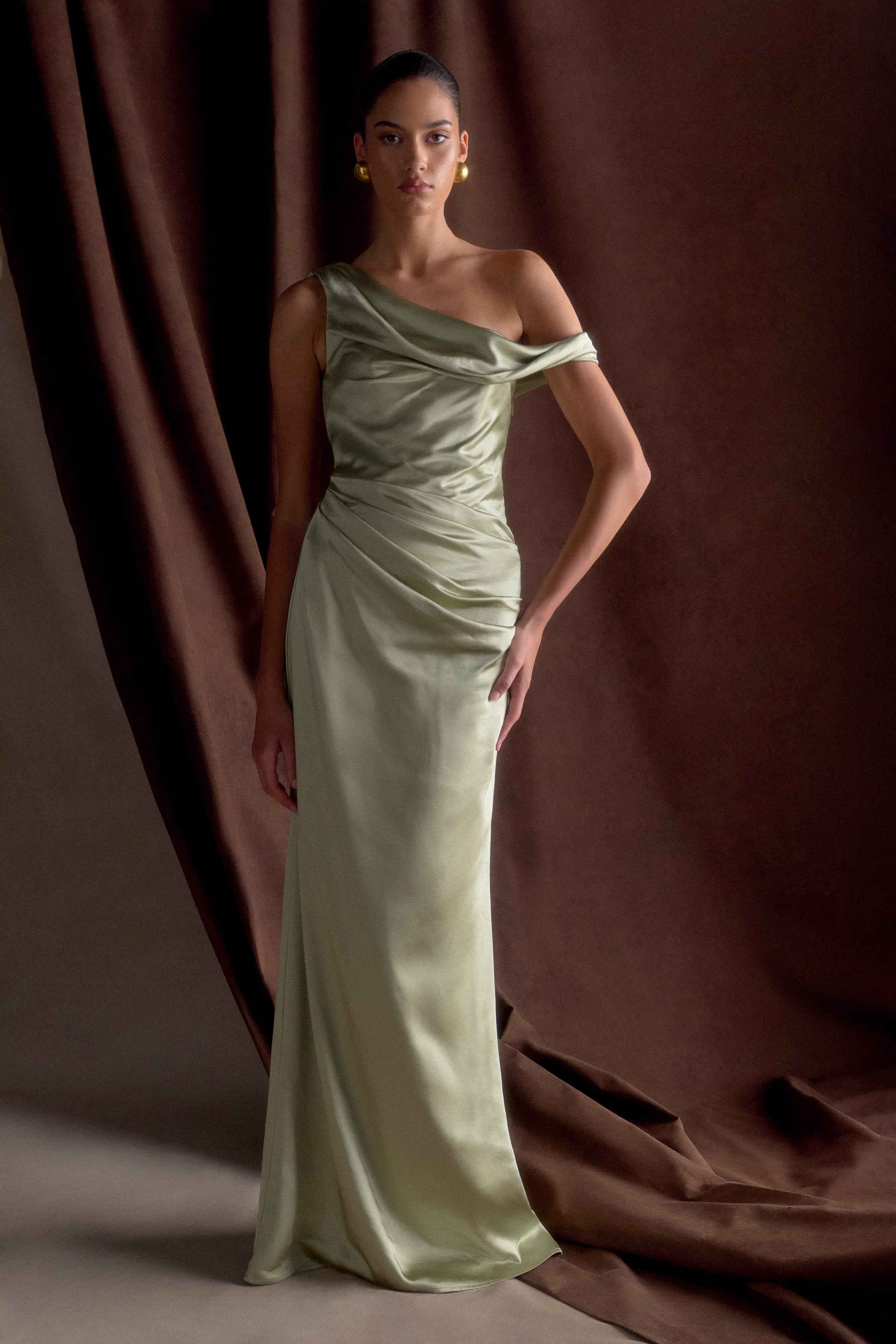 Sage Dalia Satin Off-Shoulder Maxi Dress