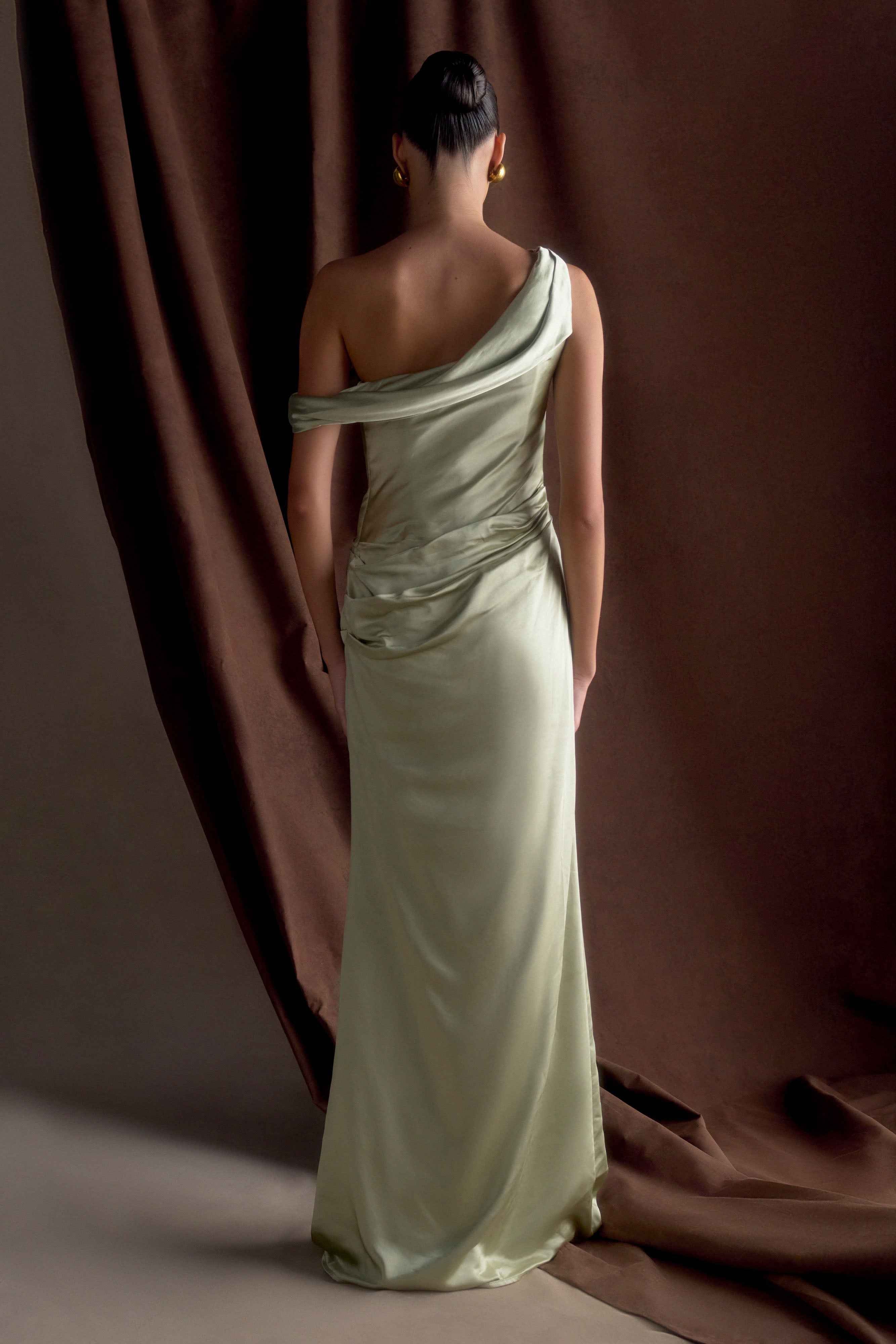 Sage Dalia Satin Off-Shoulder Maxi Dress