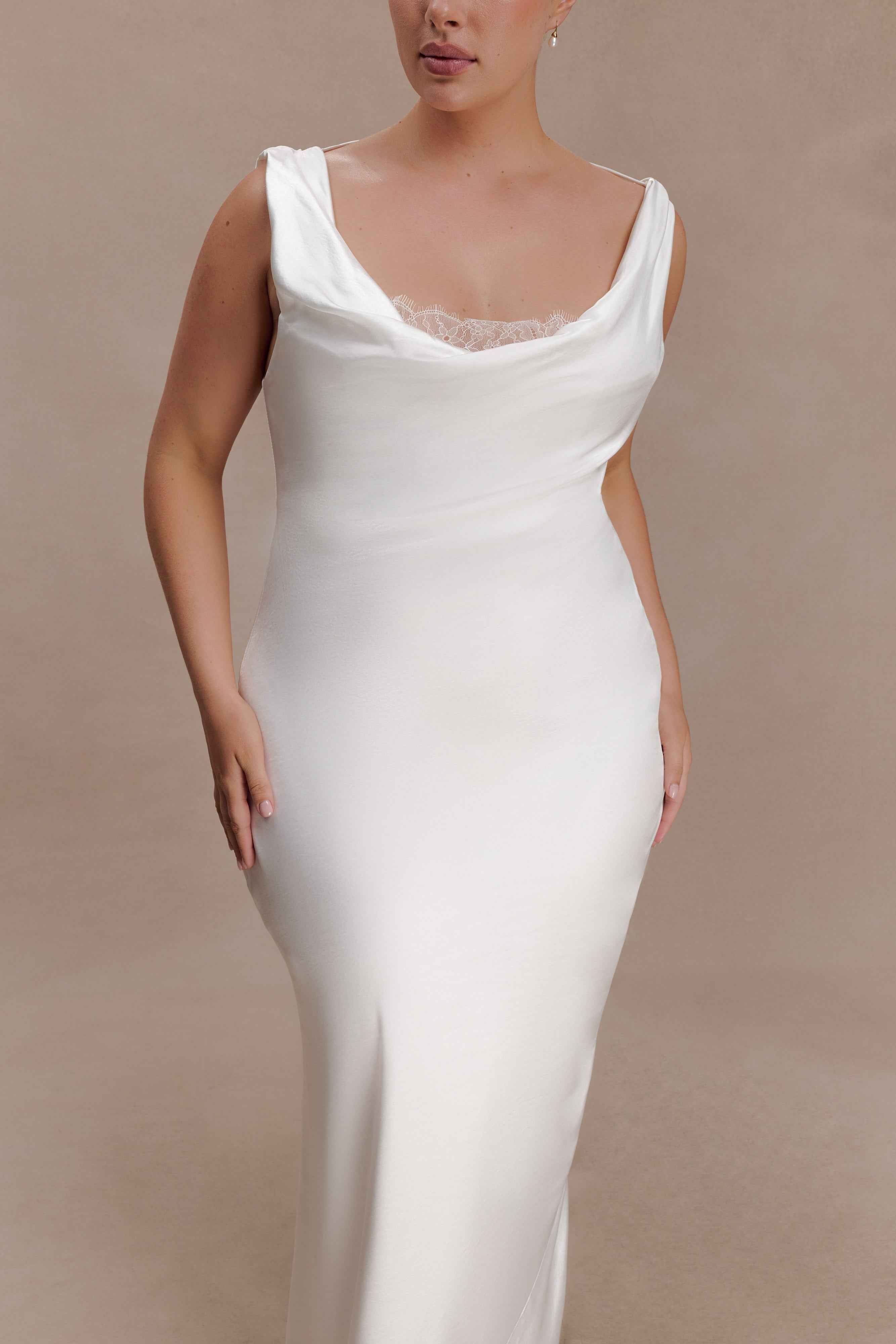 Ashley Ivory Maxi Dress with Cowl Neck and Lace Trim