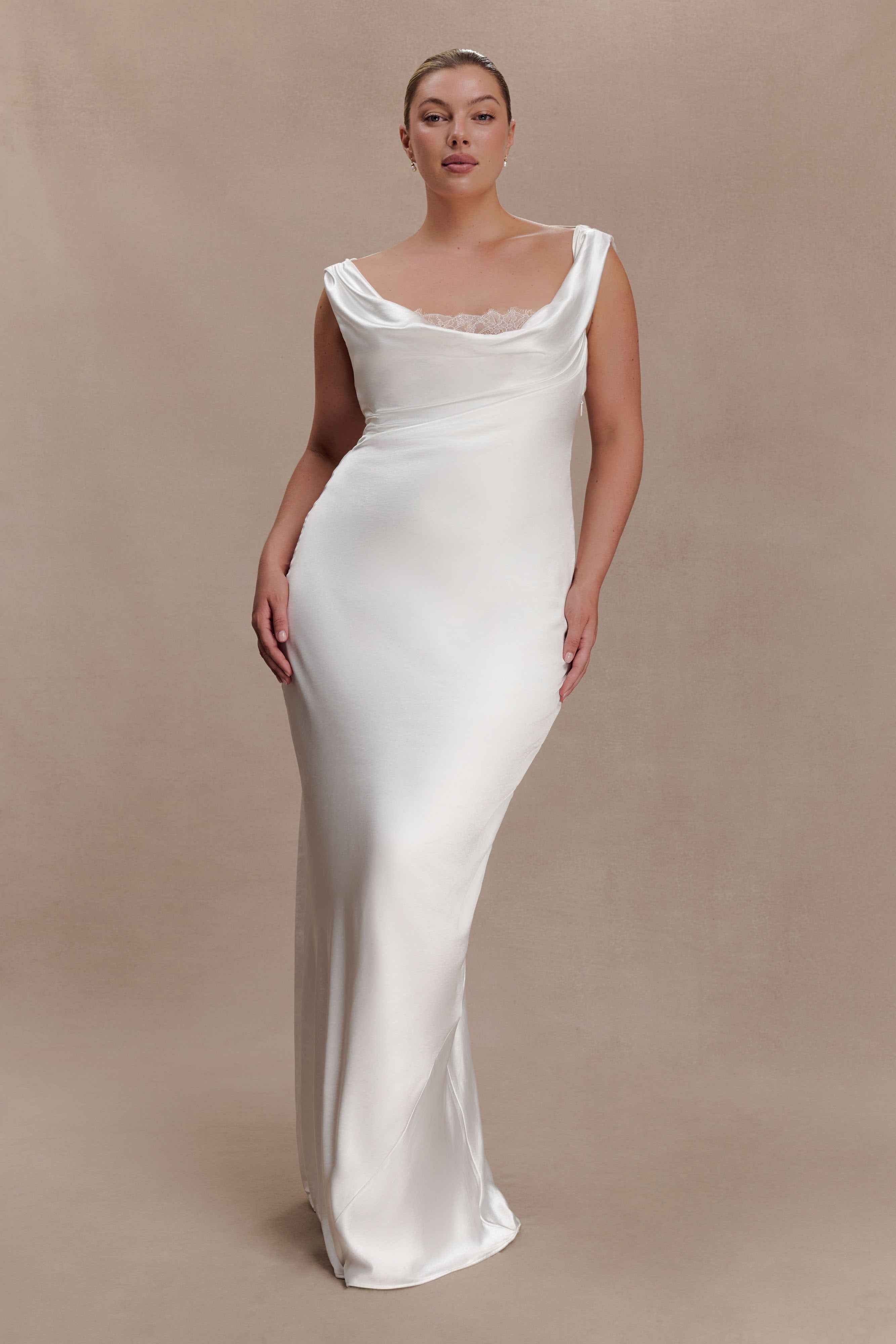 Ashley Ivory Maxi Dress with Cowl Neck and Lace Trim