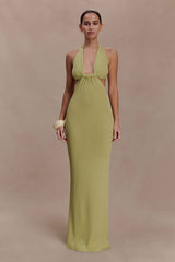 Cornelia Light Olive Halter Maxi Dress