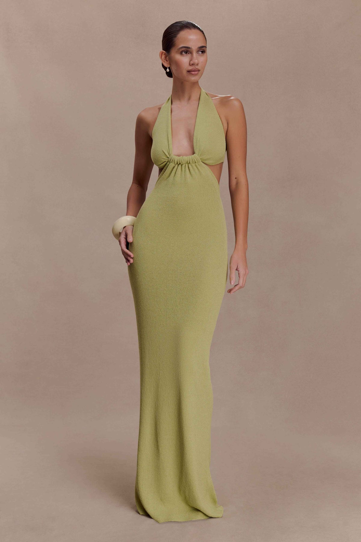 Cornelia Light Olive Halter Maxi Dress