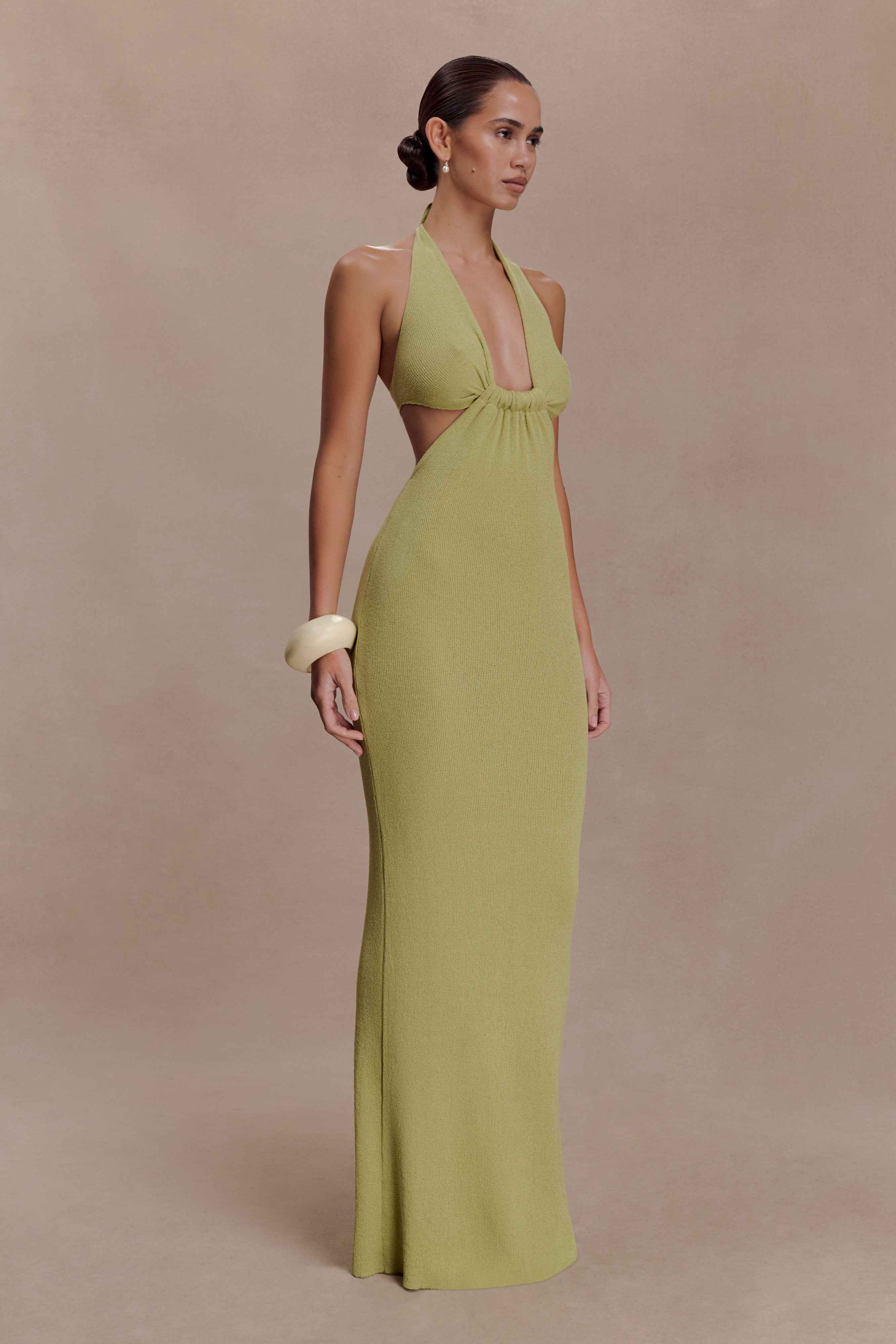Cornelia Light Olive Halter Maxi Dress