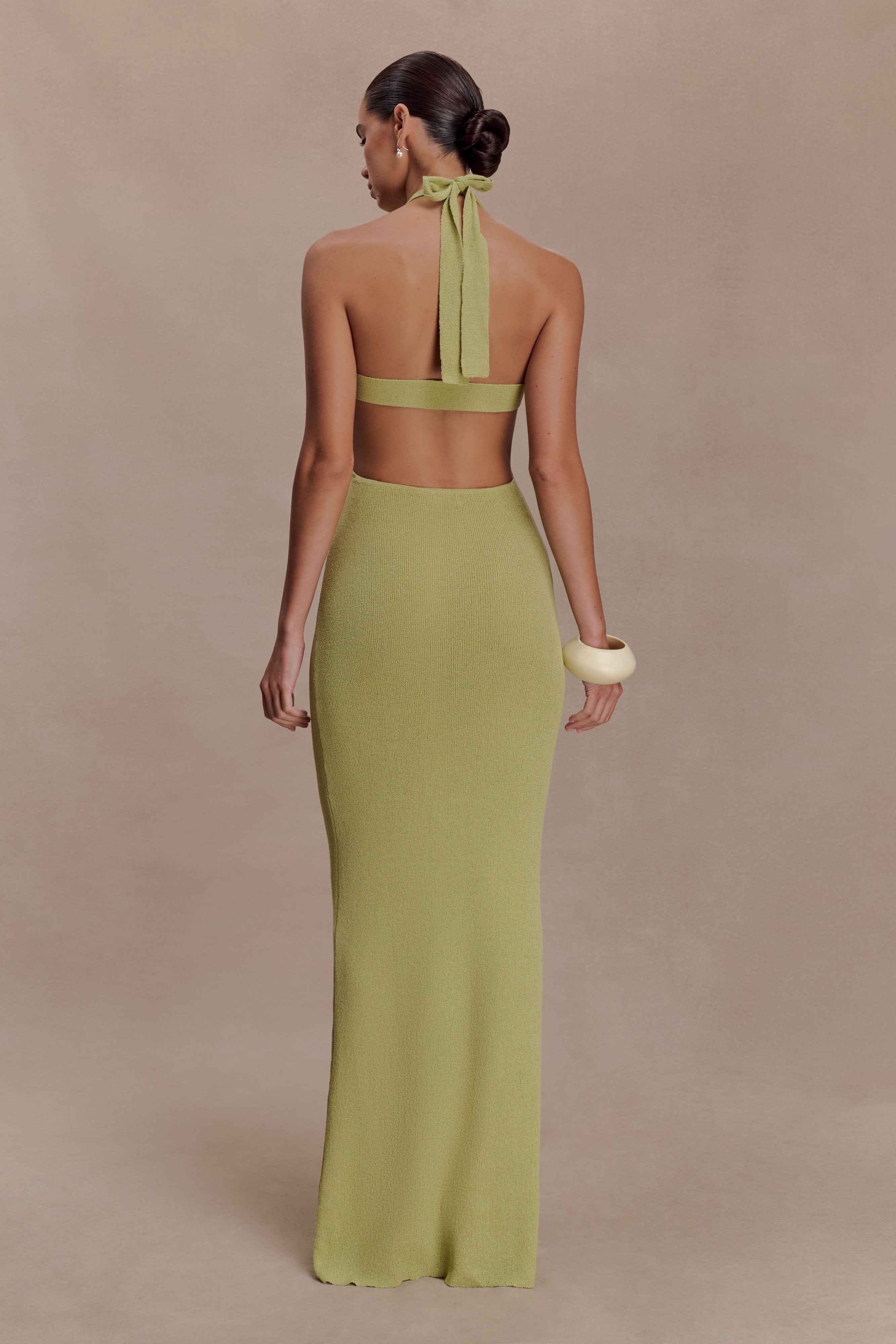 Cornelia Light Olive Halter Maxi Dress
