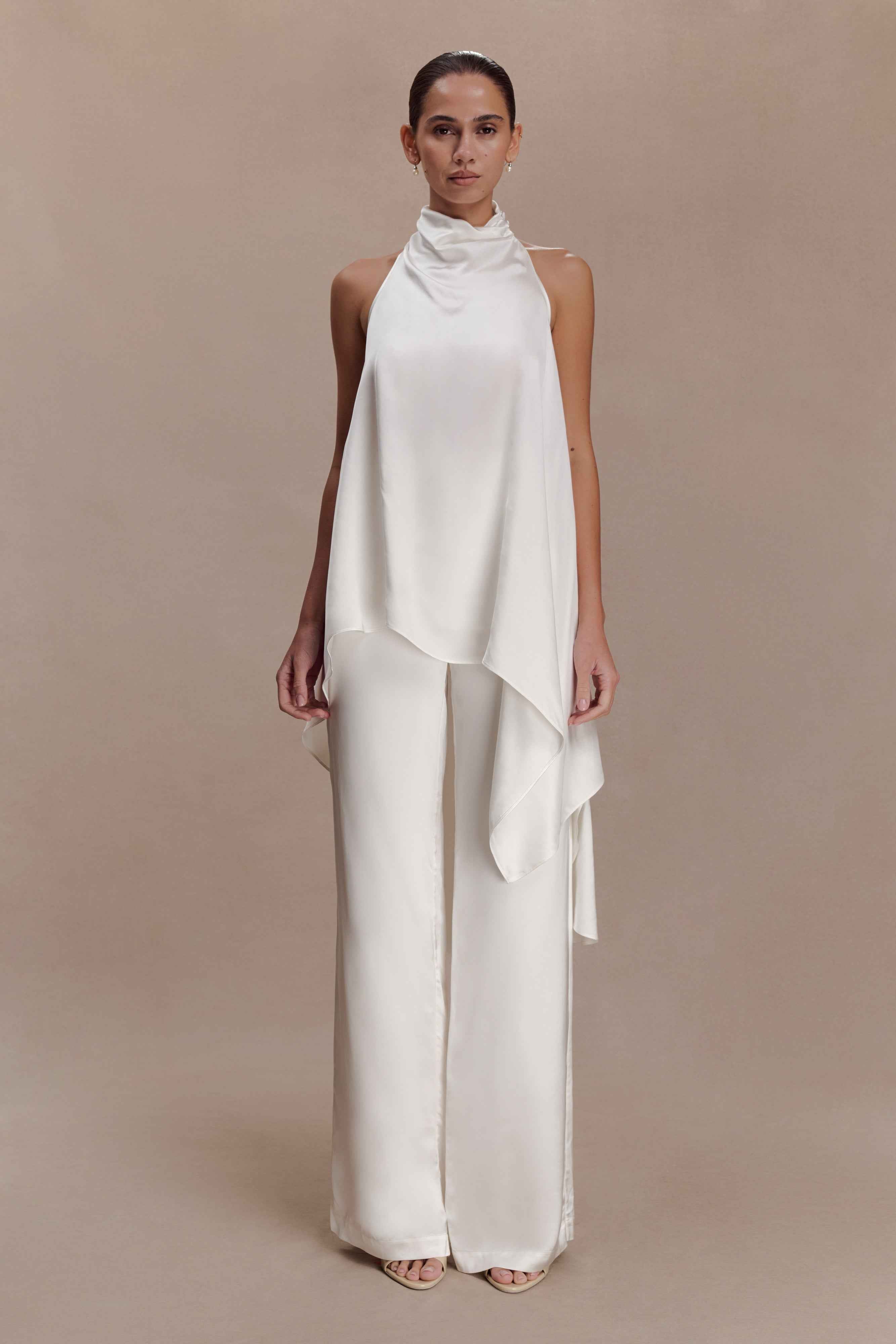 Sydney Ivory Asymmetrical Satin Halter Top