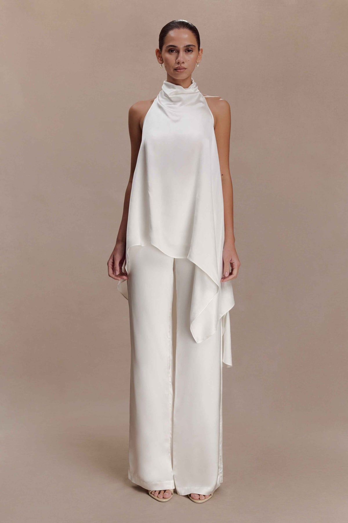 Sydney Ivory Asymmetrical Satin Halter Top