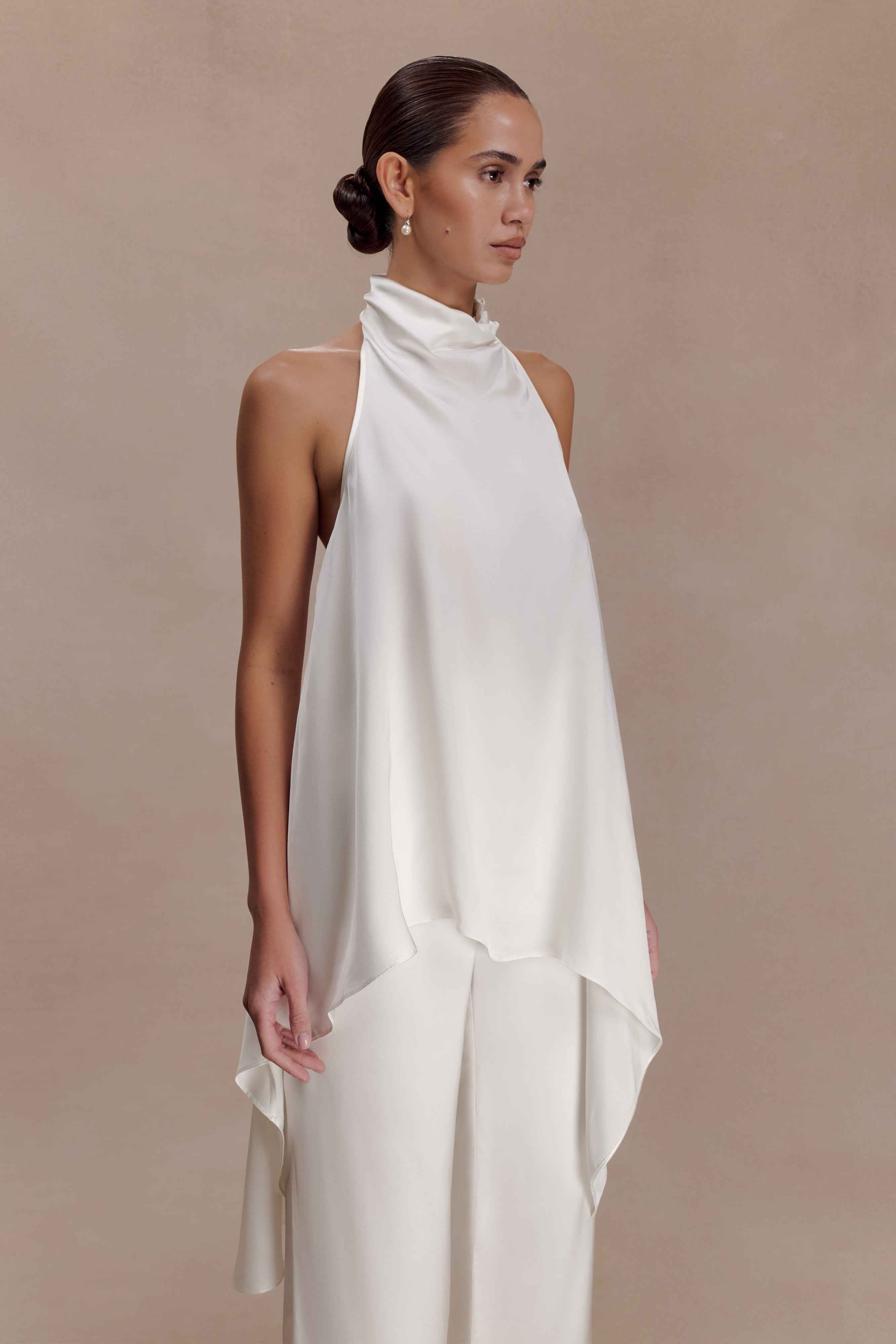 Sydney Ivory Asymmetrical Satin Halter Top
