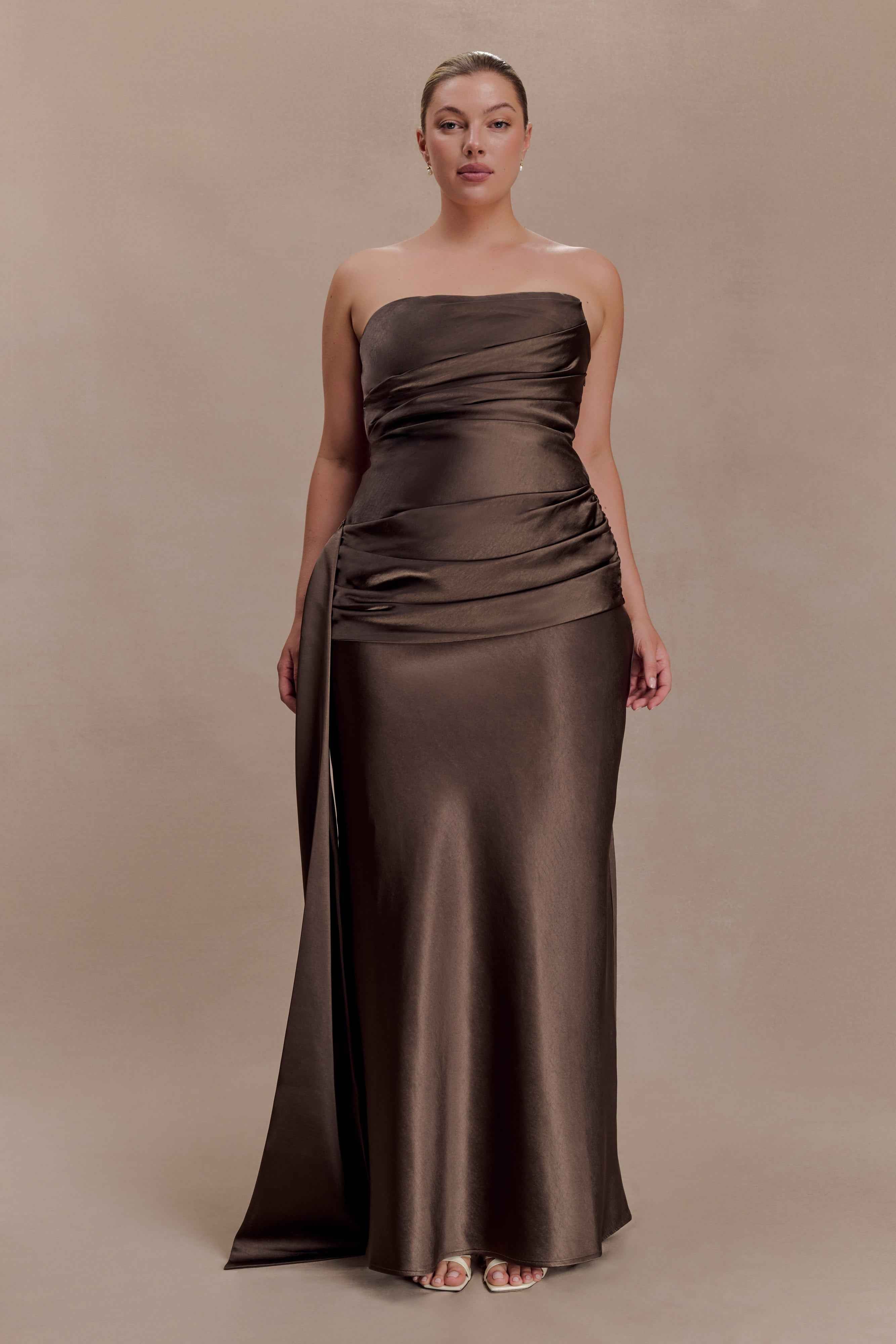 Sarah Mocha Strapless Maxi Dress with Waist Tie