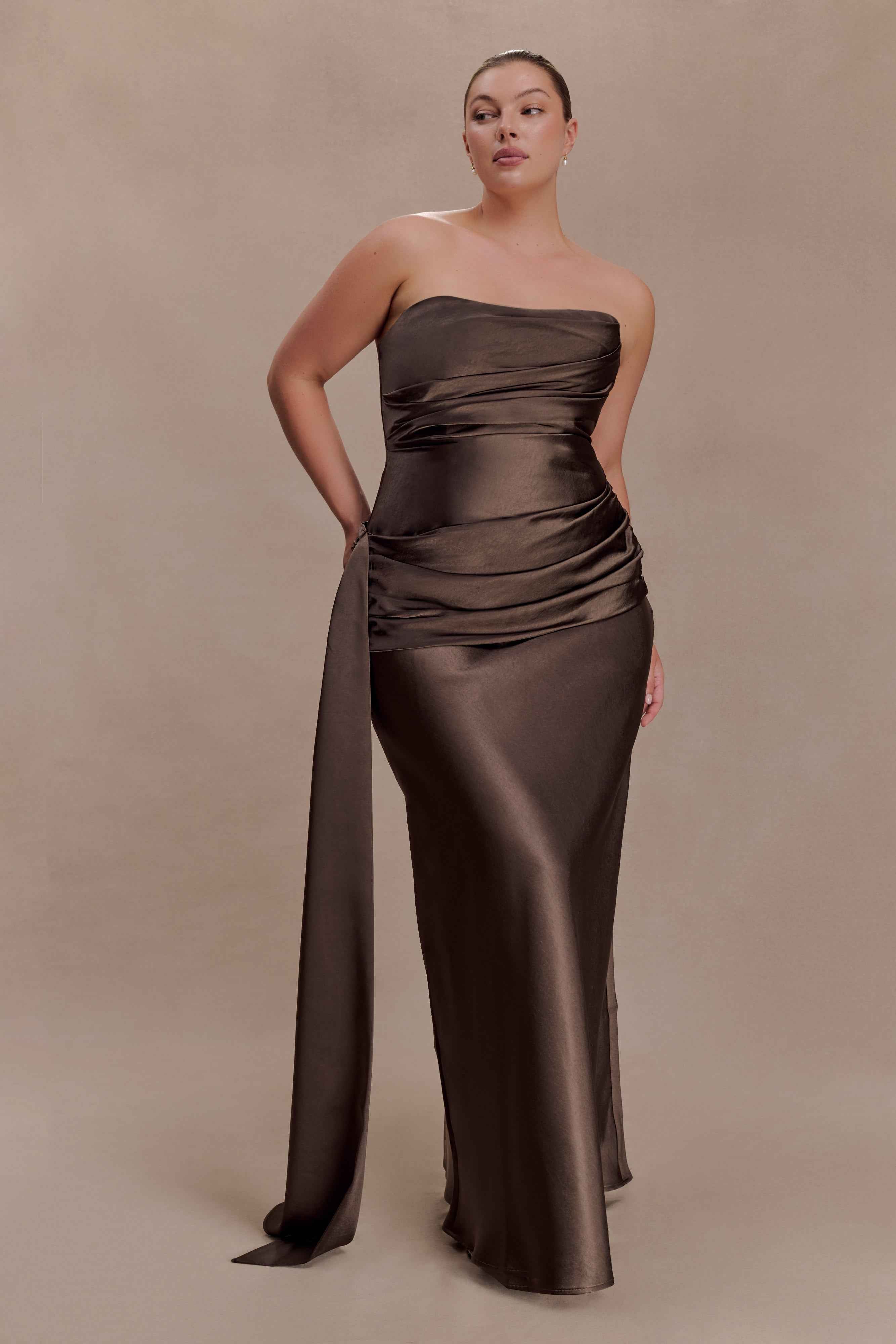 Sarah Mocha Strapless Maxi Dress with Waist Tie