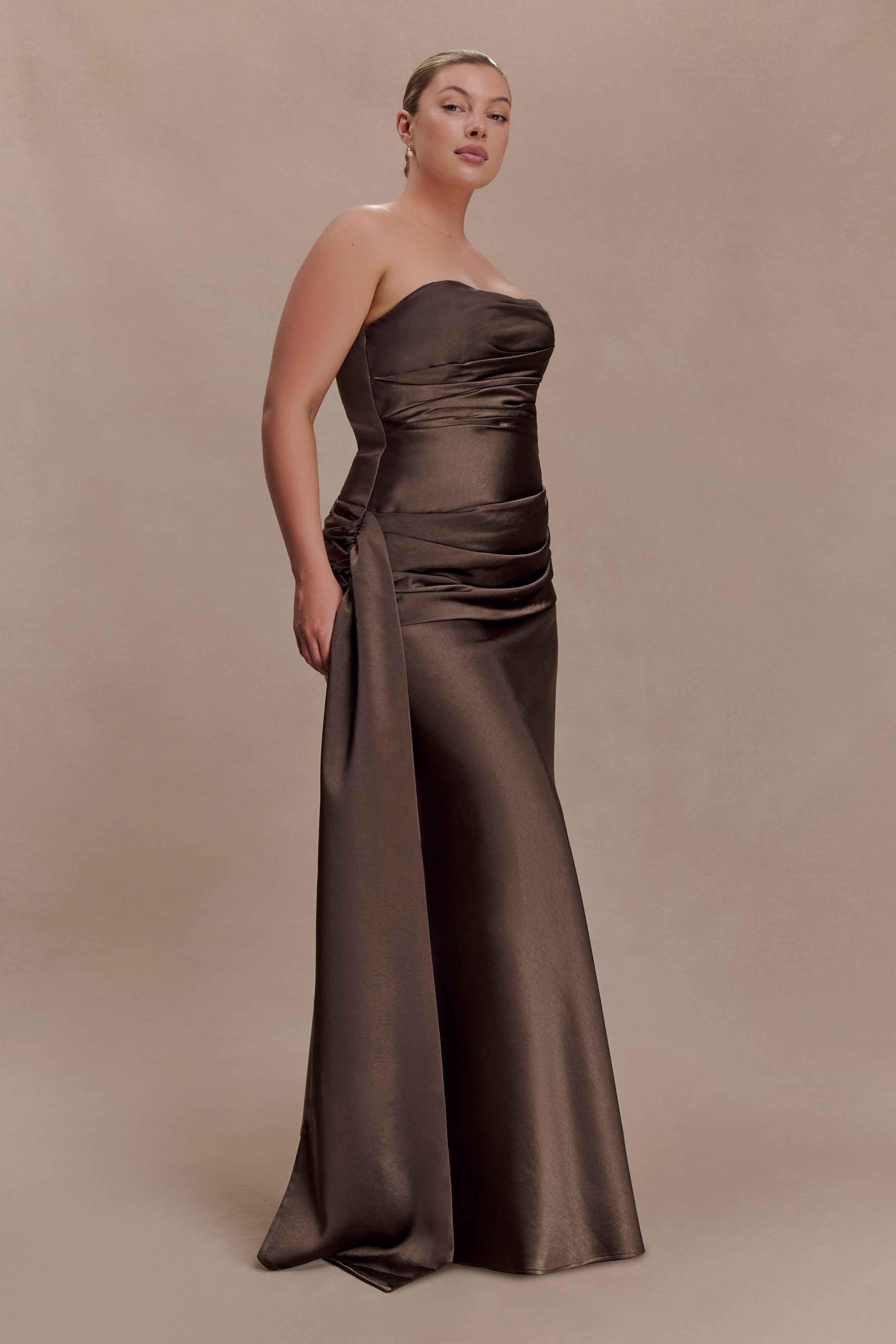 Sarah Mocha Strapless Maxi Dress with Waist Tie