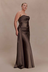 Sarah Mocha Strapless Maxi Dress with Waist Tie