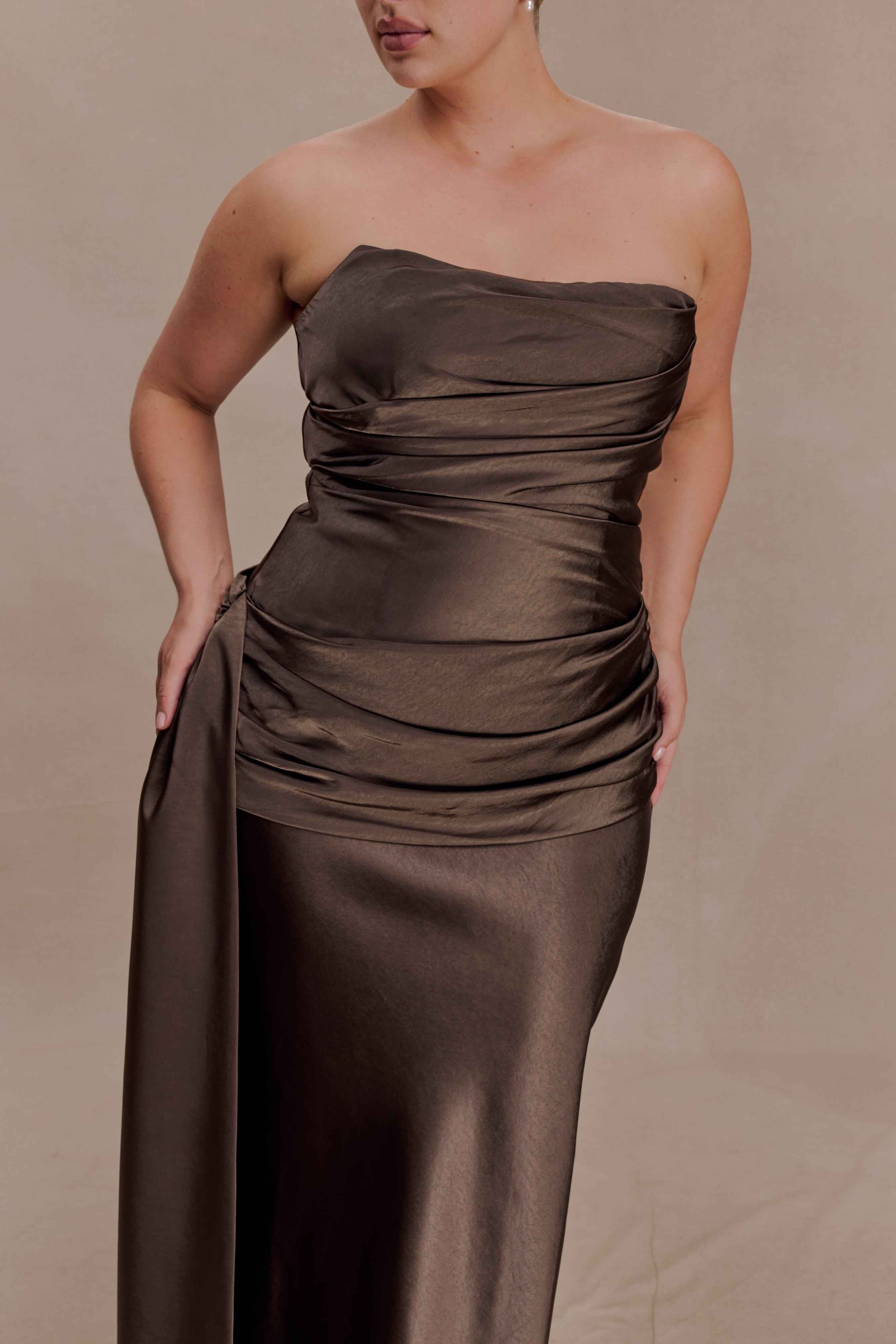 Sarah Mocha Strapless Maxi Dress with Waist Tie