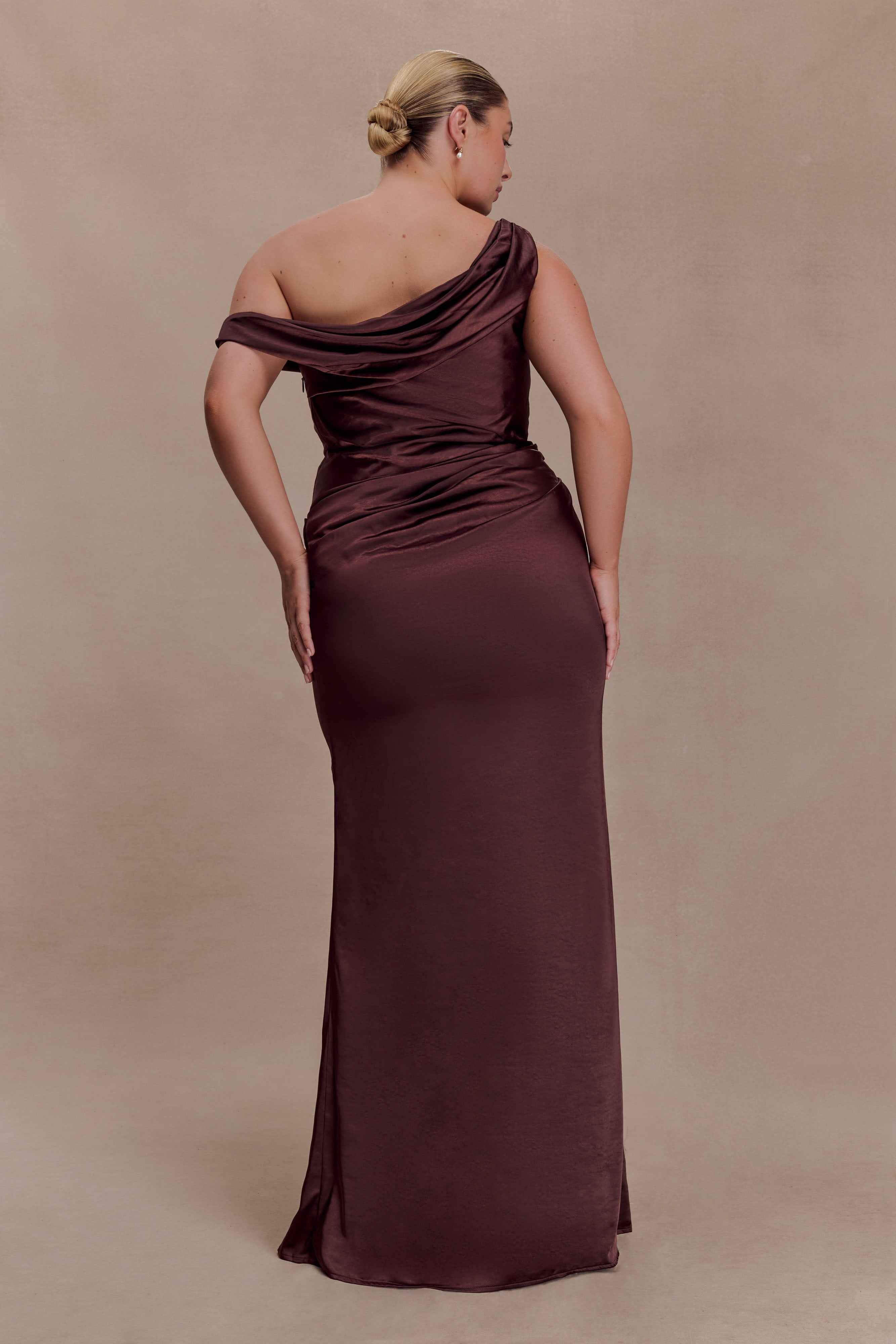 Dalia Dark Chocolate Off-Shoulder Maxi Dress