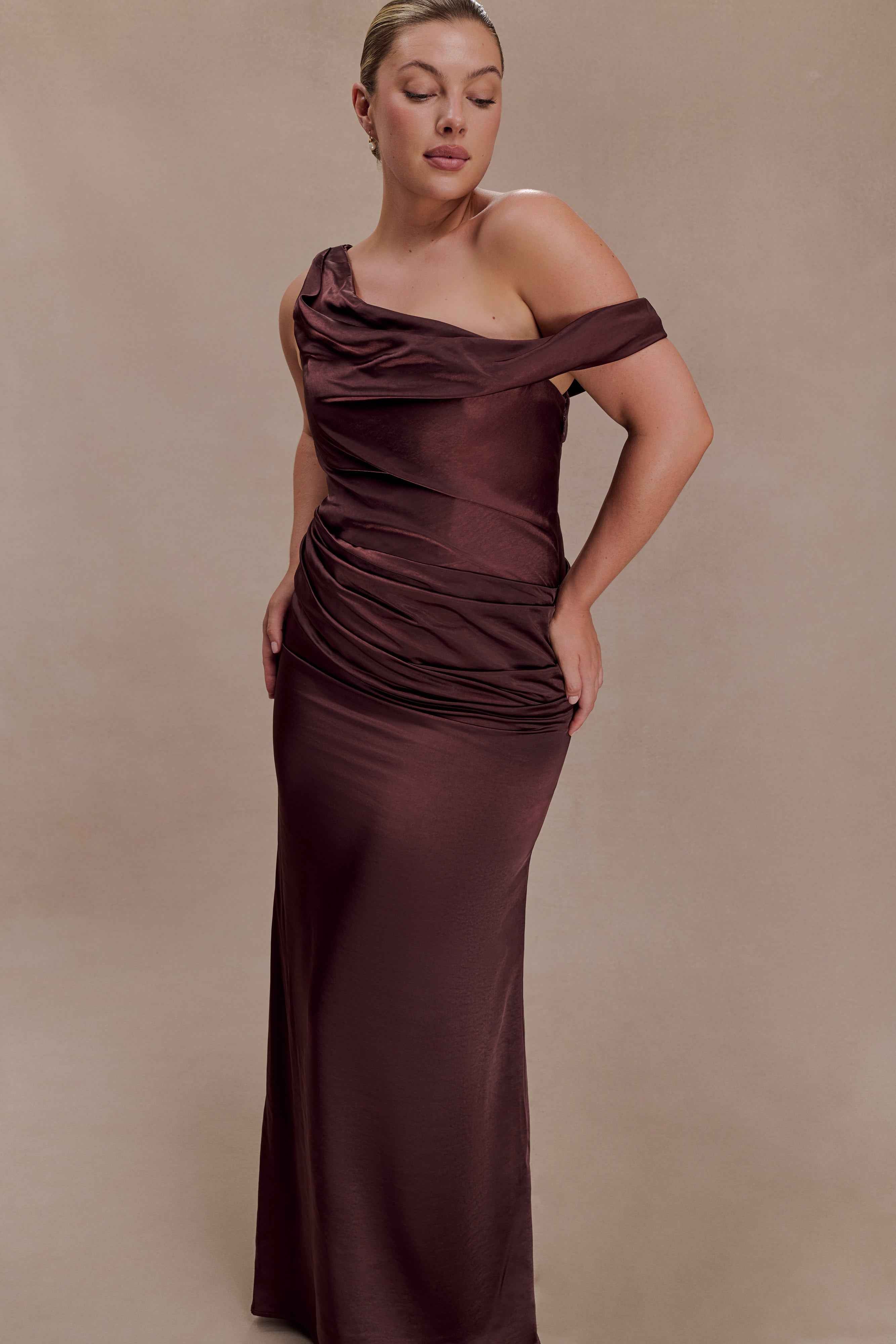 Dalia Dark Chocolate Off-Shoulder Maxi Dress