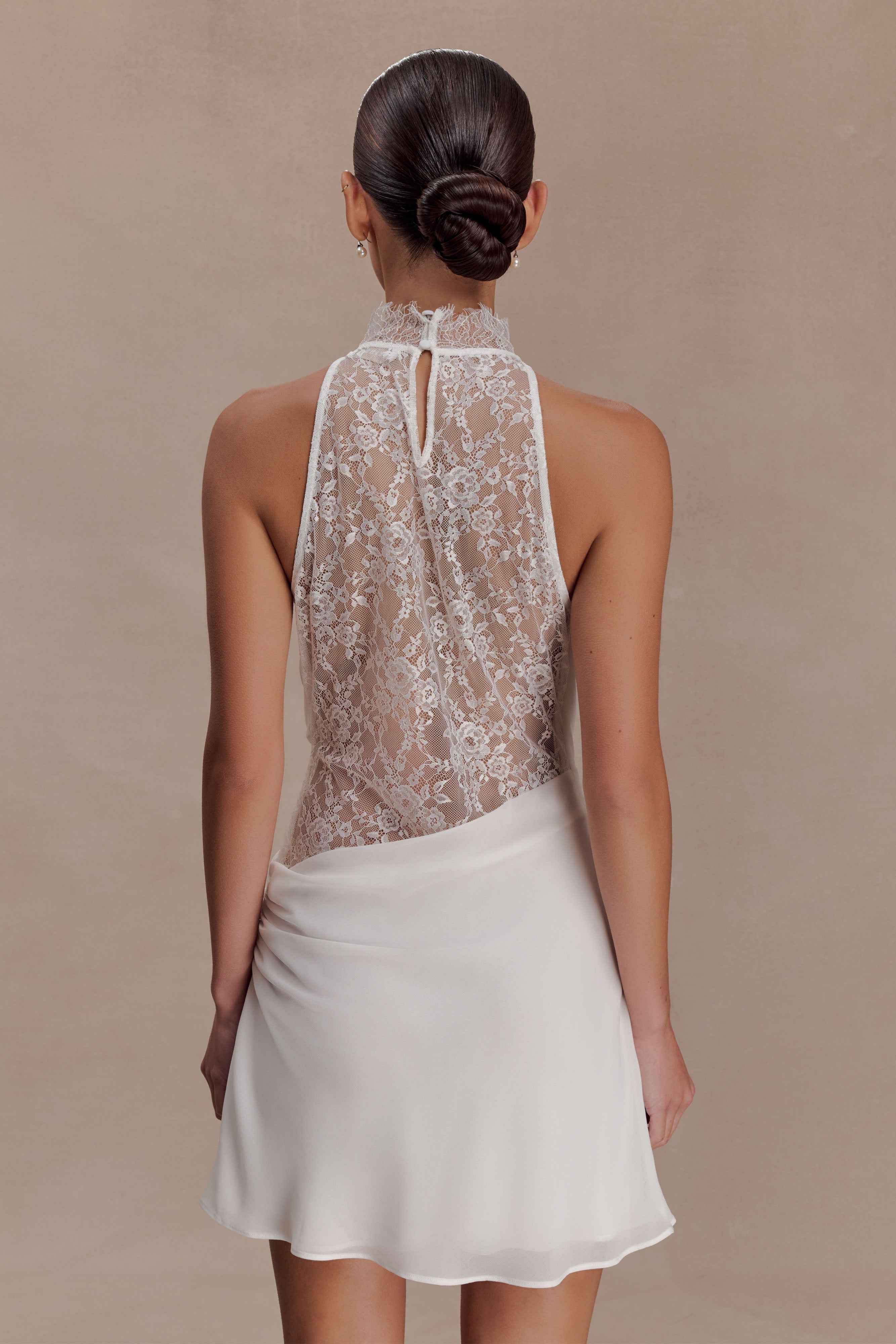 Arra White Chiffon Lace Halter Mini Dress