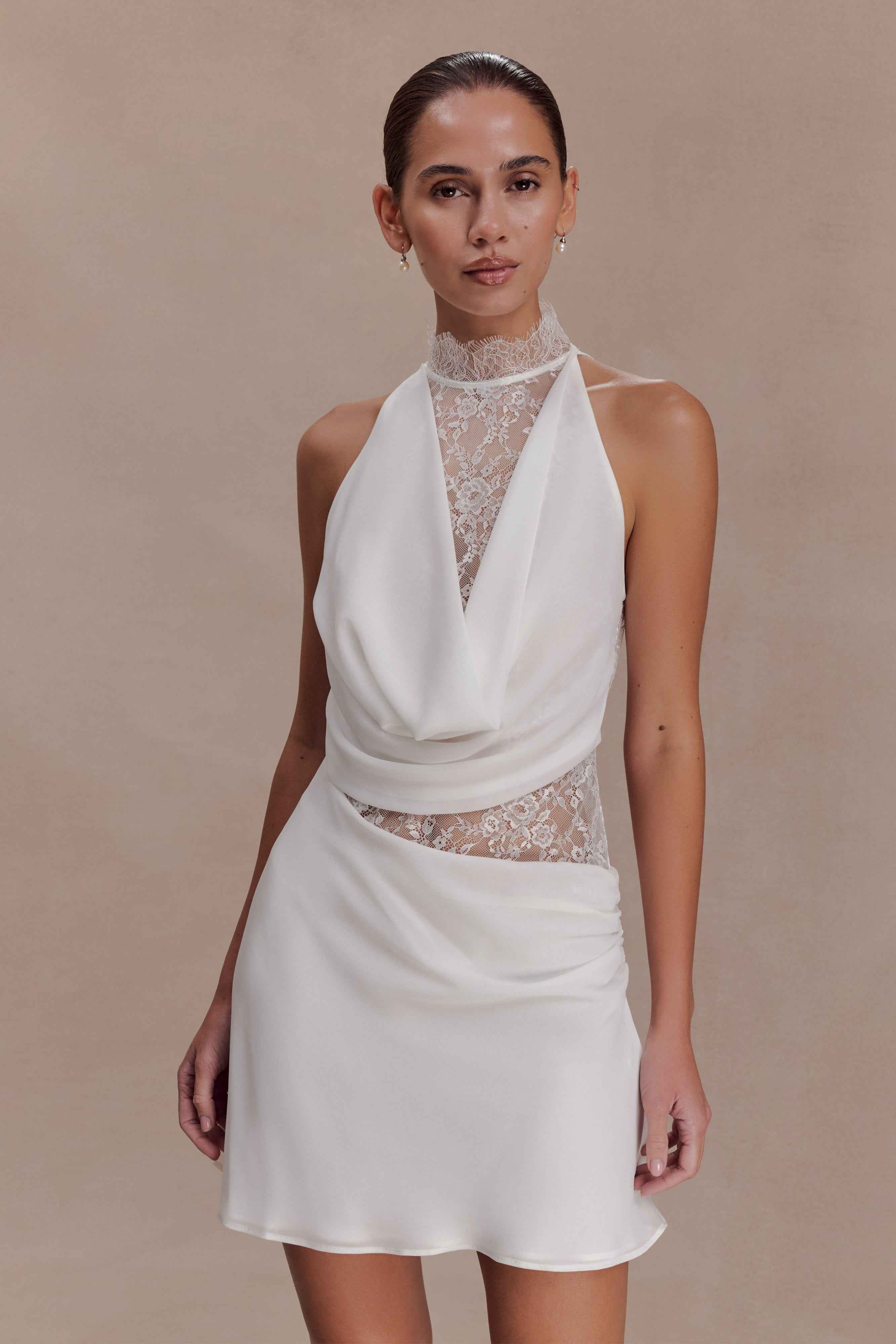 Arra White Chiffon Lace Halter Mini Dress